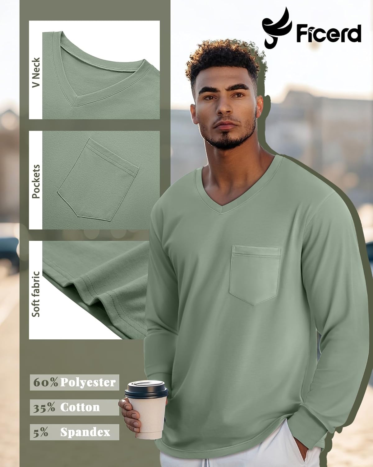 Ficerd 3 Pack Men's Big and Tall V Neck Shirts with Pocket Long Sleeve Plus Size Tops Basic Casual Loose Fall Tee - Image 5