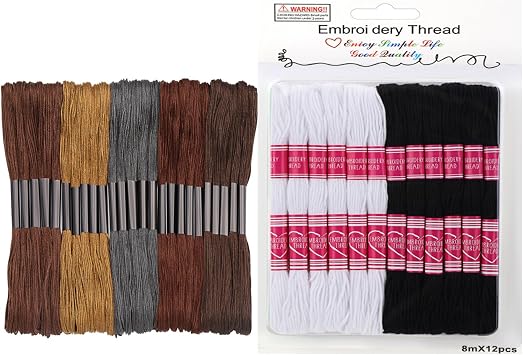 Brown Series and Black&White Series Embroidery Thread,Embroidery Thread Floss Set Including Plastic Floss Bobbins for Embroidery
