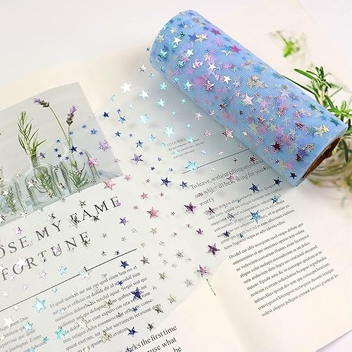 Miniatura 5 de DADAXIE - Rollos de tul con purpurina de estrellas coloridas de 6 x 10 yardas (30 pies), cinta de tela de color azul brillante para mesa, silla,