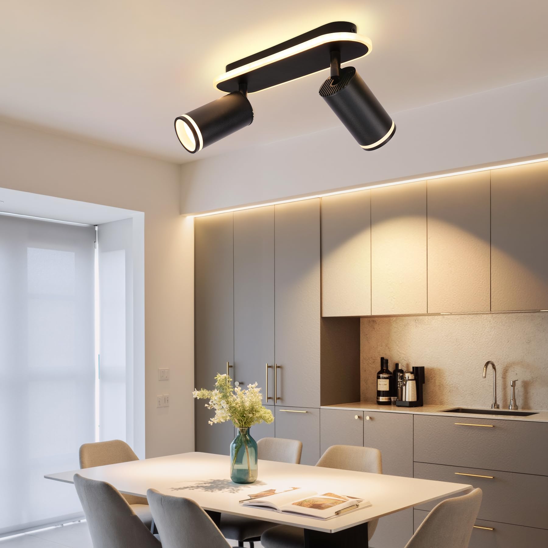 Spot Plafond GU10, Plafonnier 2 Spots Noir, Plafonnier Spot Orientable, comprend 2x 5W Ampoules GU10, Moderne Applique Plafond Interieur LED pour Cuisine, Salon, Blanc Chaud 3000K