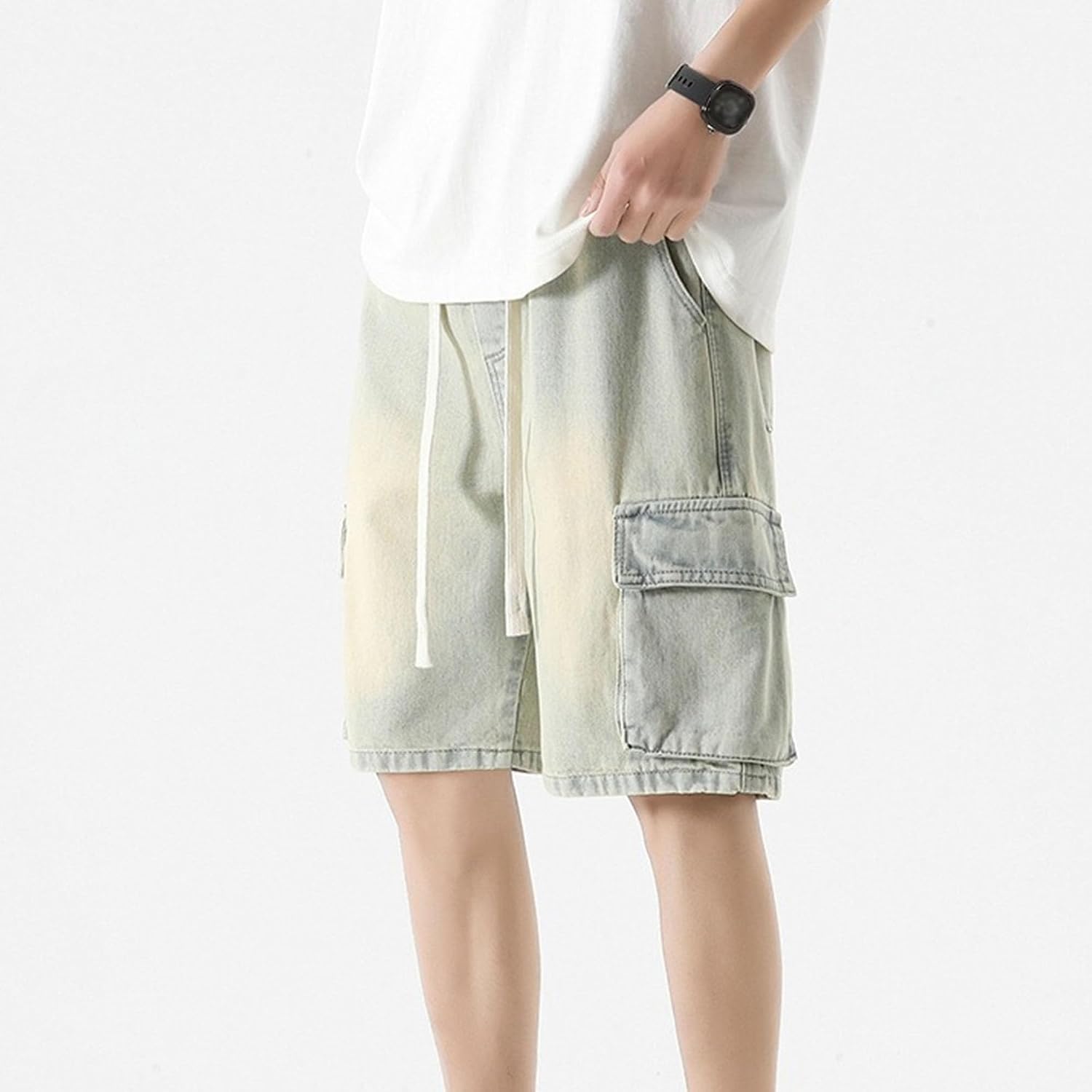 Maiyifu-GJ Jean Shorts for Men Elastic Waist Drawstring Denim Shorts Casual Loose Fit Straight Short Jeans