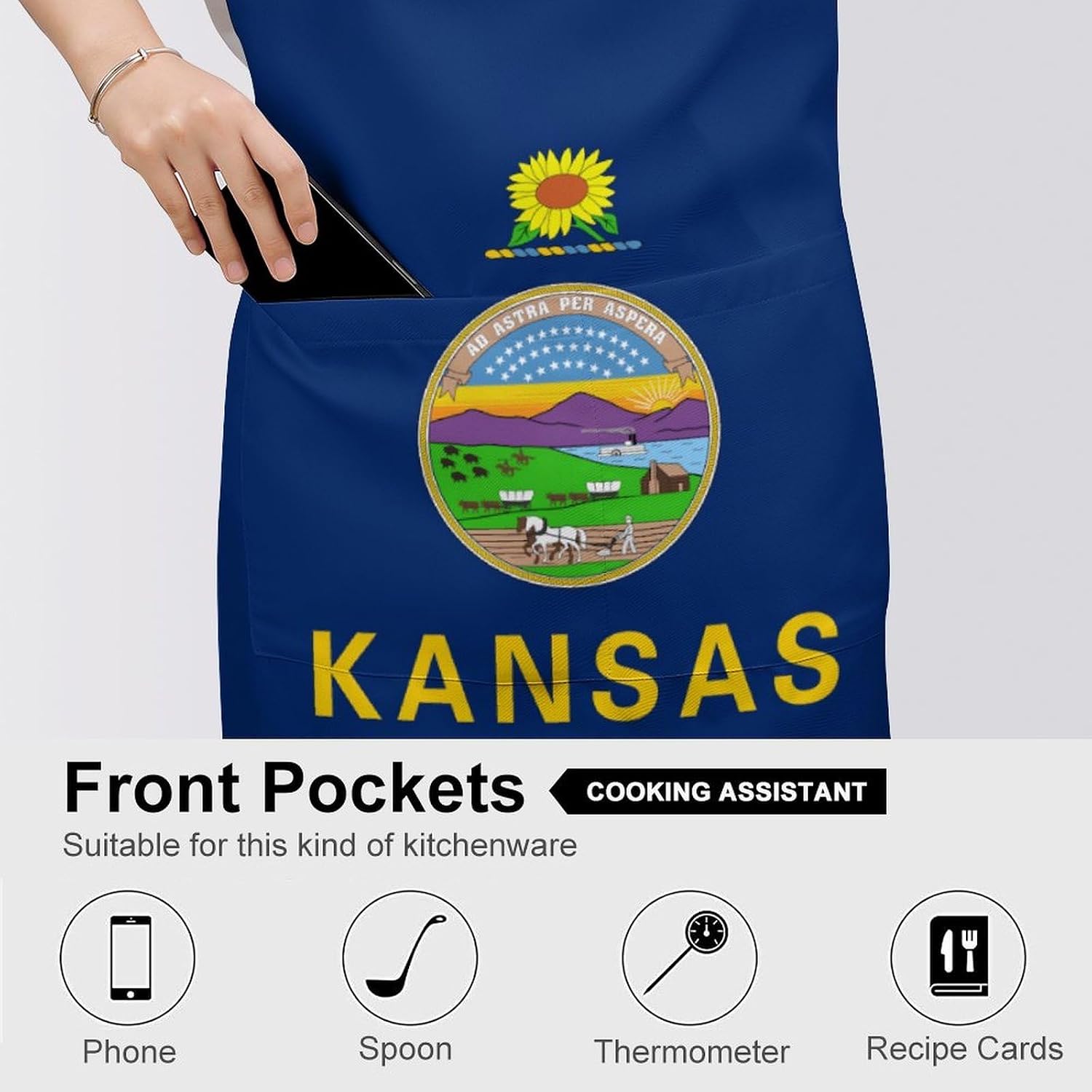 Kansas Flag Funny Apron Chef Aprons with Pockets for Gardening Cooking Kitchen