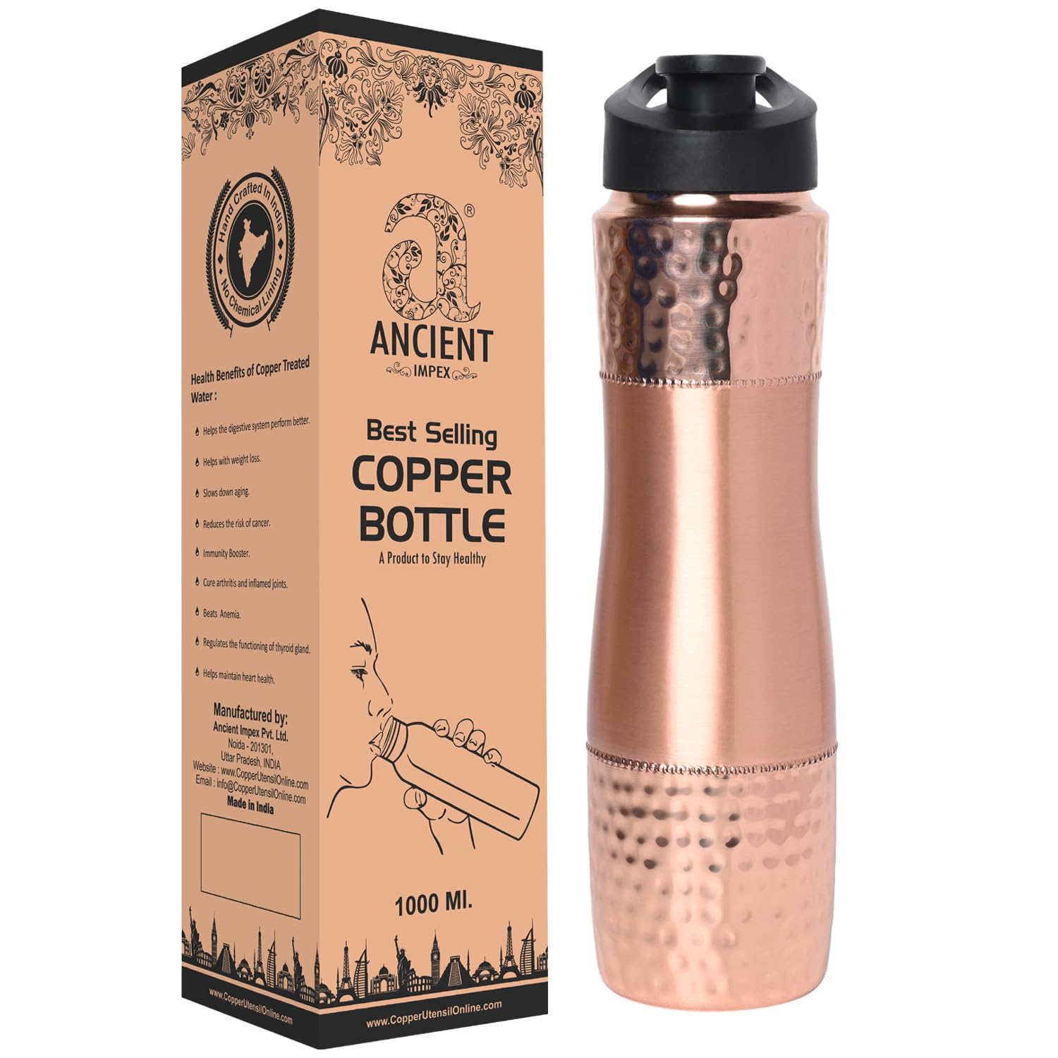 ANCIENTIMPEX Pure Copper Water Bottle Sipper | 1000 Ml (33.81 FL Oz) Leak-proof Copper Bottle for Ayurvedic Health & Hydration
