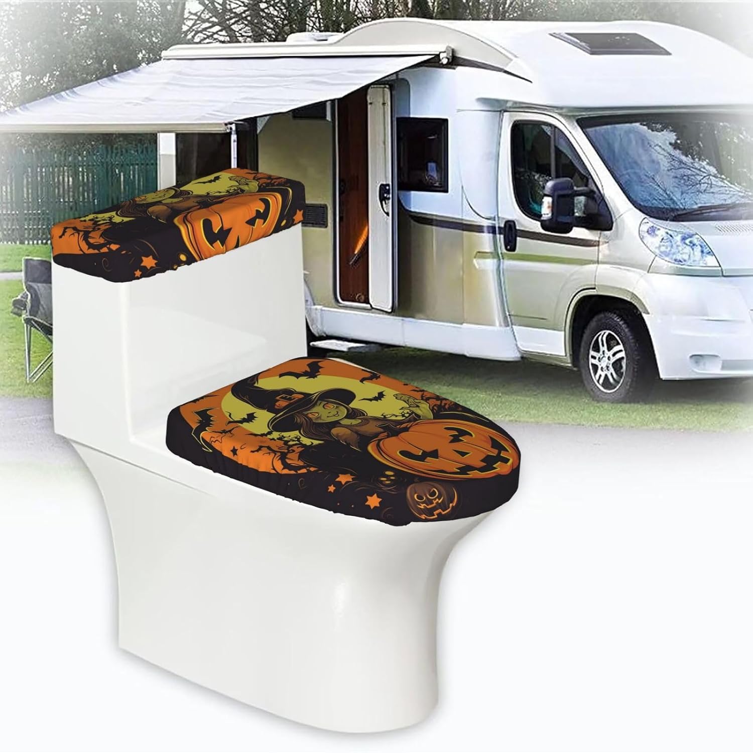 Halloween Pumpkin Witch Toilet Tank Cover And Toilet Lid Cover Set Stretch Bathroom Toilet Lid Seat Cover
