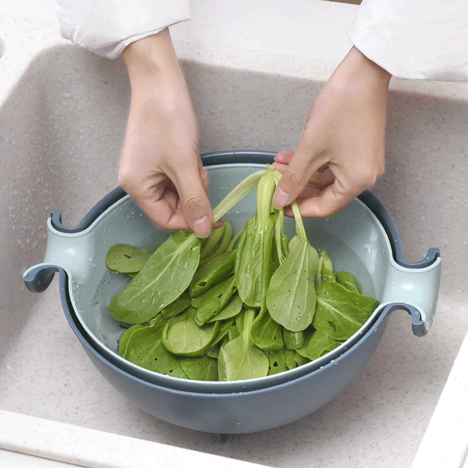 2 In 1 Double Colander/filter Bowl Round Rotatable Plastic Drain Basket Dishwashing for Washing Fruits and Vegetables in The Kitchen (Blue)(Pink)