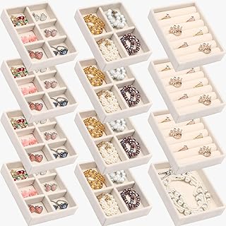 12 قطعة من صواني تنظيم المجوهرات المخملية للادراج، مجموعة صناديق تخزين مجوهرات صغيرة قابلة للتكديس مع عرض للخواتم وصواني شبكية، حشوات ادراج للخواتم والاقراط والقلائد (بيج)