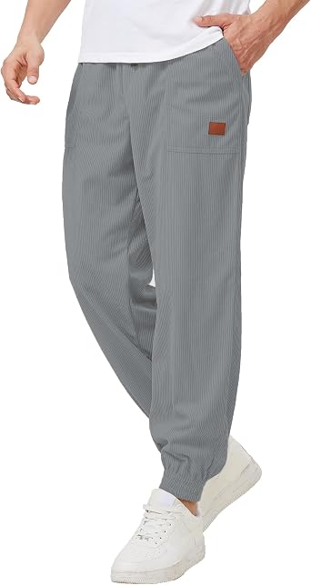 Mens Corduroy Casual Pants Lightweight Drawstring Elastic Waist Baggy Tapered Joggers Pants with Pockets
