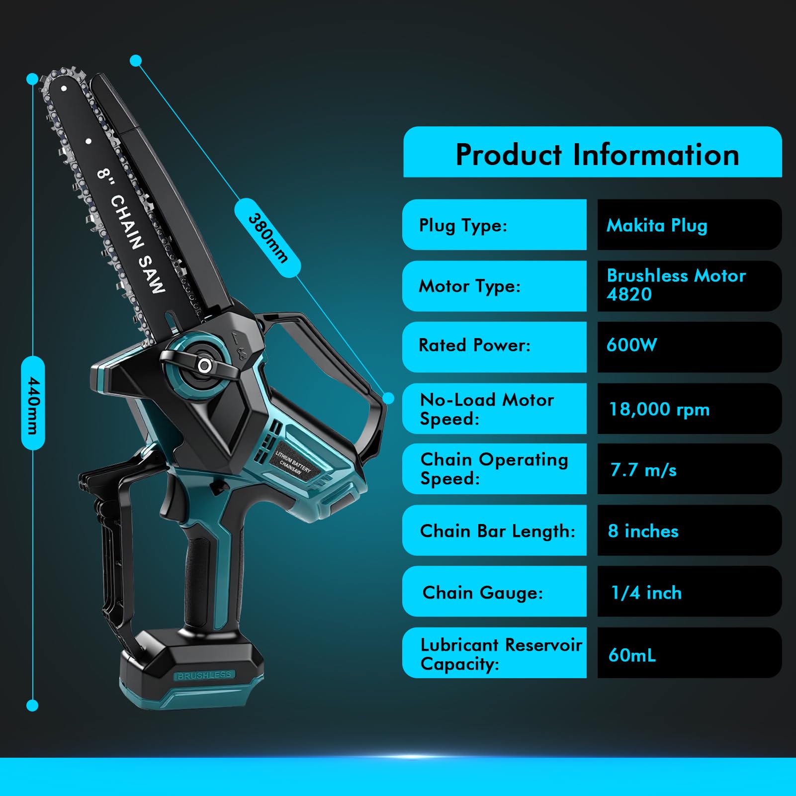 Mini akumulatorowa piła łańcuchowa do Makita 18 V 8 cali, 600 W, elektryczna piła łańcuchowa do przycinania drzew z automatycznym smarownicą do przycinania i ogrodnictwa (bateria nie wchodzi w