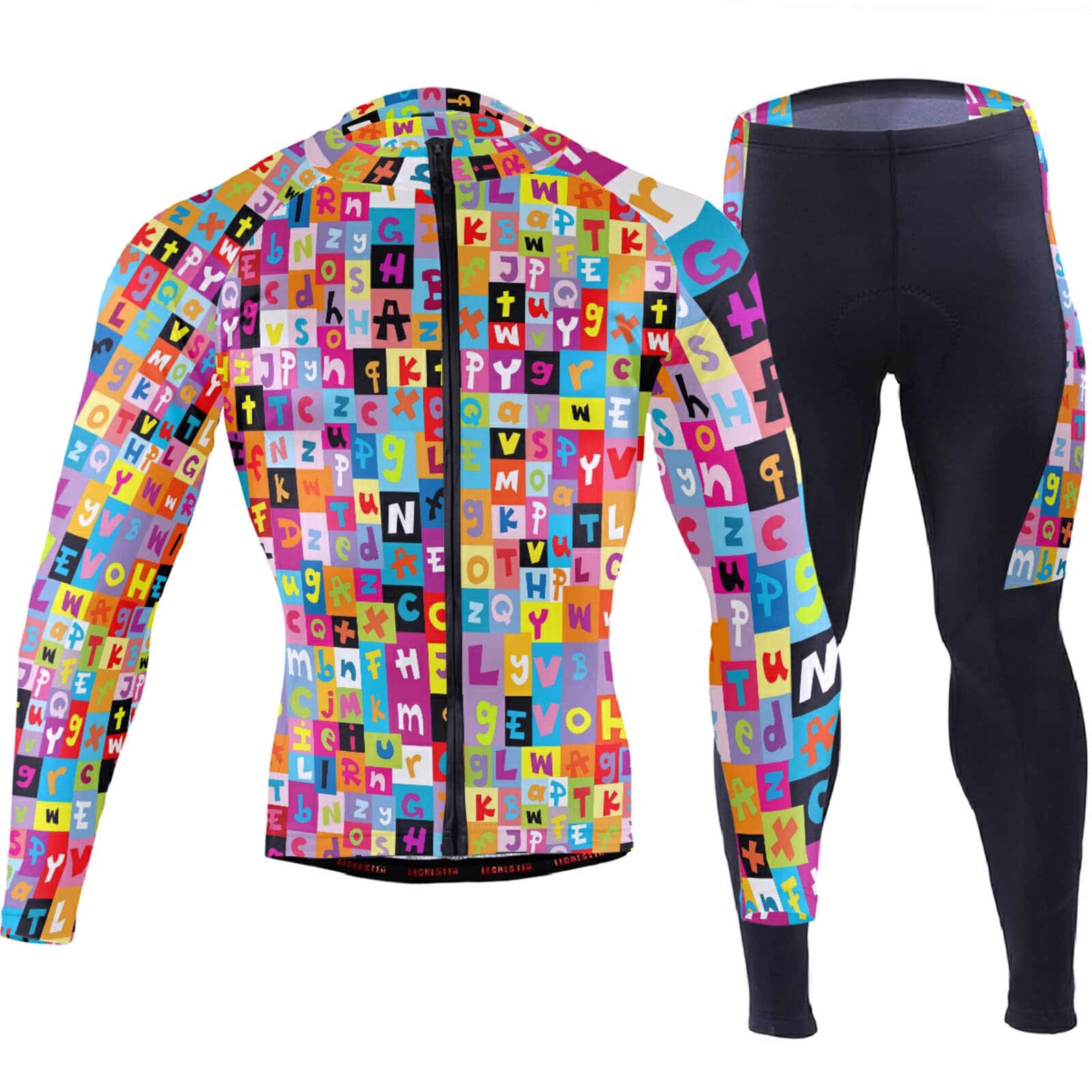 Colorful Pattern with Letters of Alphabet Checker Grids Men Cycling Jersey Clothes Long Padded Pants Sets Quick Dry Bike Riding Shirts Clothes Long Sleeve Outfit Full Zipper Jacket(M)