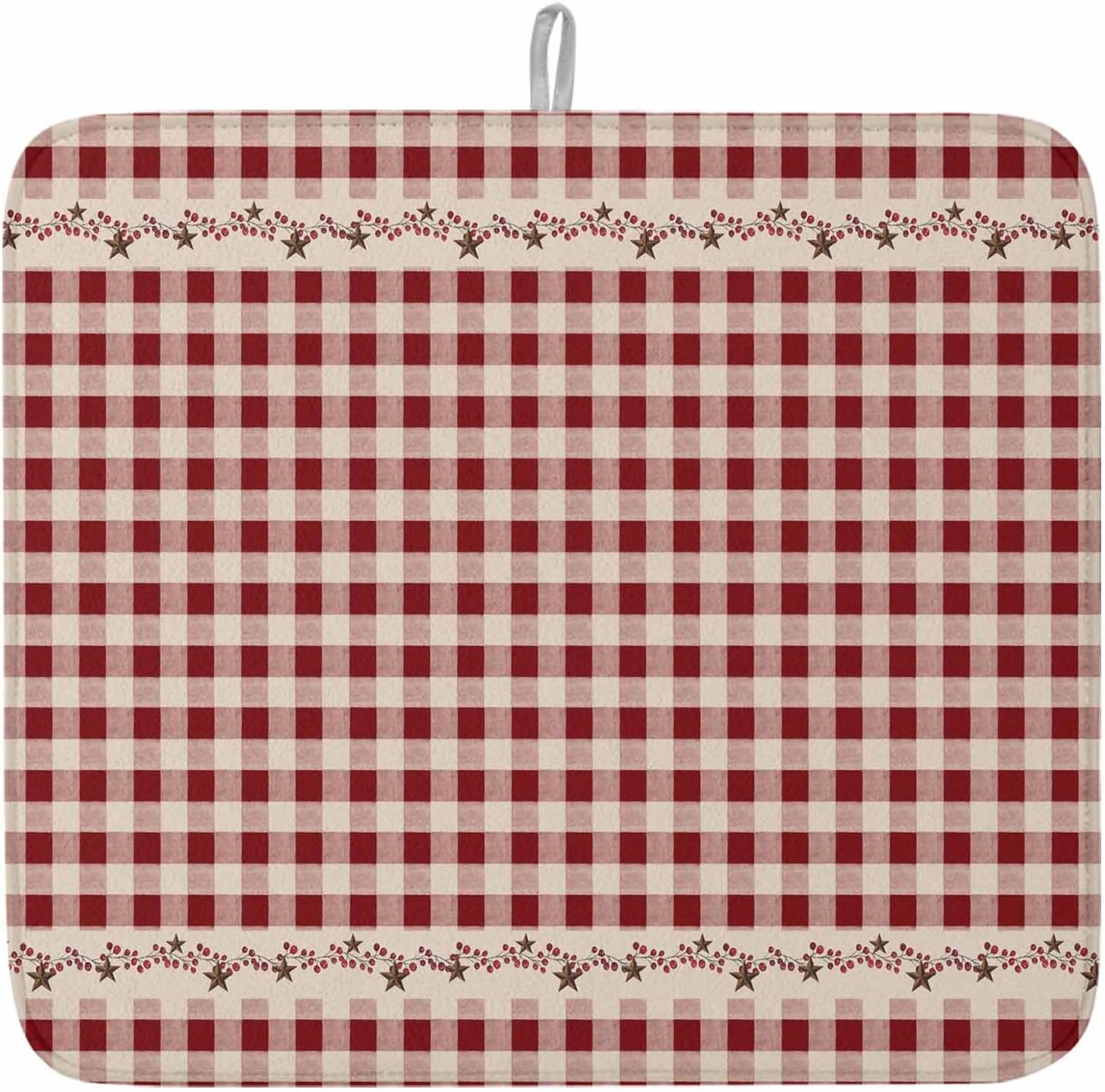 Kitchen Drying Mat for Counter Vintage Western Star Berry Absorbent Dish Mats Foldable Microfiber Drainer Pad Red Buffalo Checkered Plaid Plate Holder Mat for Countertop Sink Decor