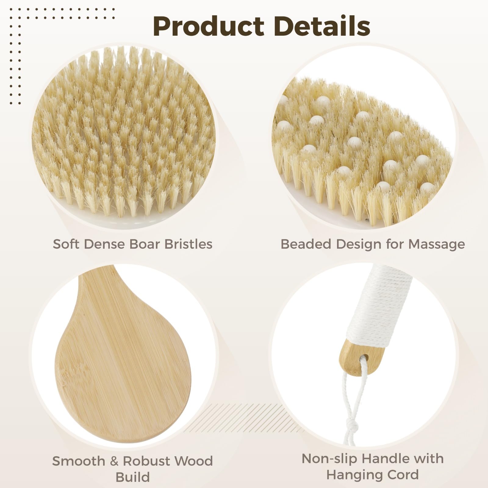 4er-Set Trockenbürsten, Körperbürsten mit Wildschweinborsten und Griffen, Bade- und Duschwerkzeug zum Peeling für Gesicht, Rücken, Füße und Körperpflege, für trockene oder nasse Anwendung
