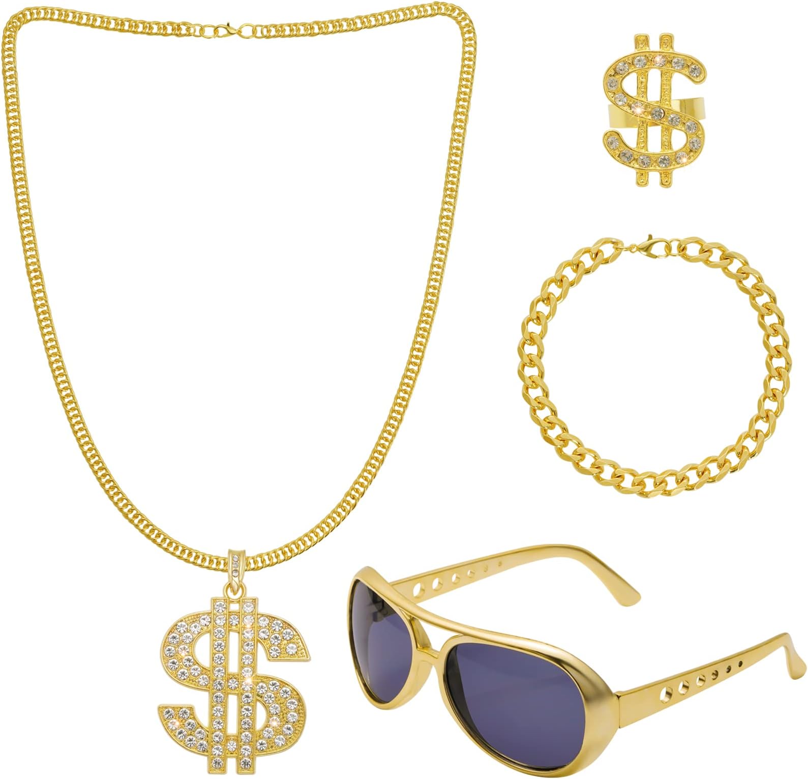 jerbro 4 Gangster Dollar Chain & Ring Bracelet Gold Glasses 70s 80s 90s Hustler Rapper Hiphop Costume Bad Button Fancy Dress Accessories for Halloween Cosplay Carnival Theme Parties