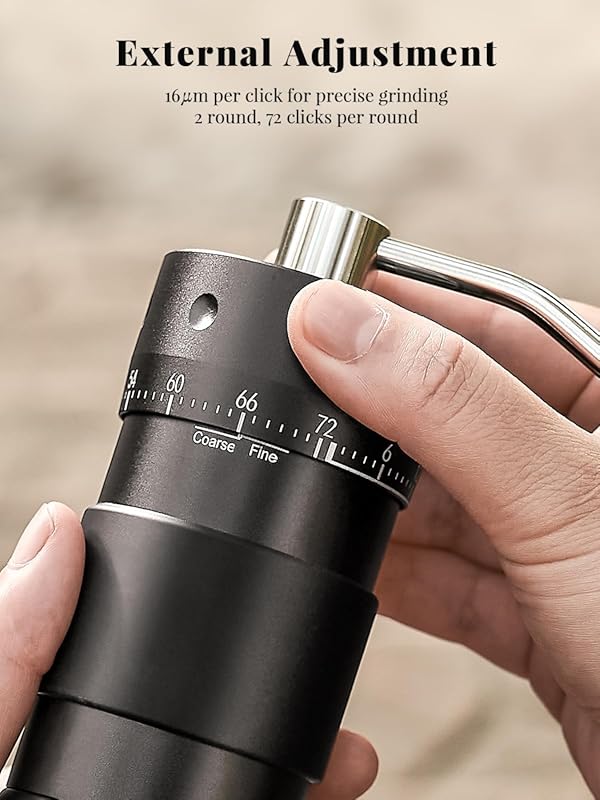 Manual Coffee Grinder with 16μm External Adjustment, Precision Espresso & Pour Over Grinder, CNC Stainless Steel Conical Burr, Drill-Compatible Aluminum Body, Portable Coffee Grinder, Black Black Aluminum