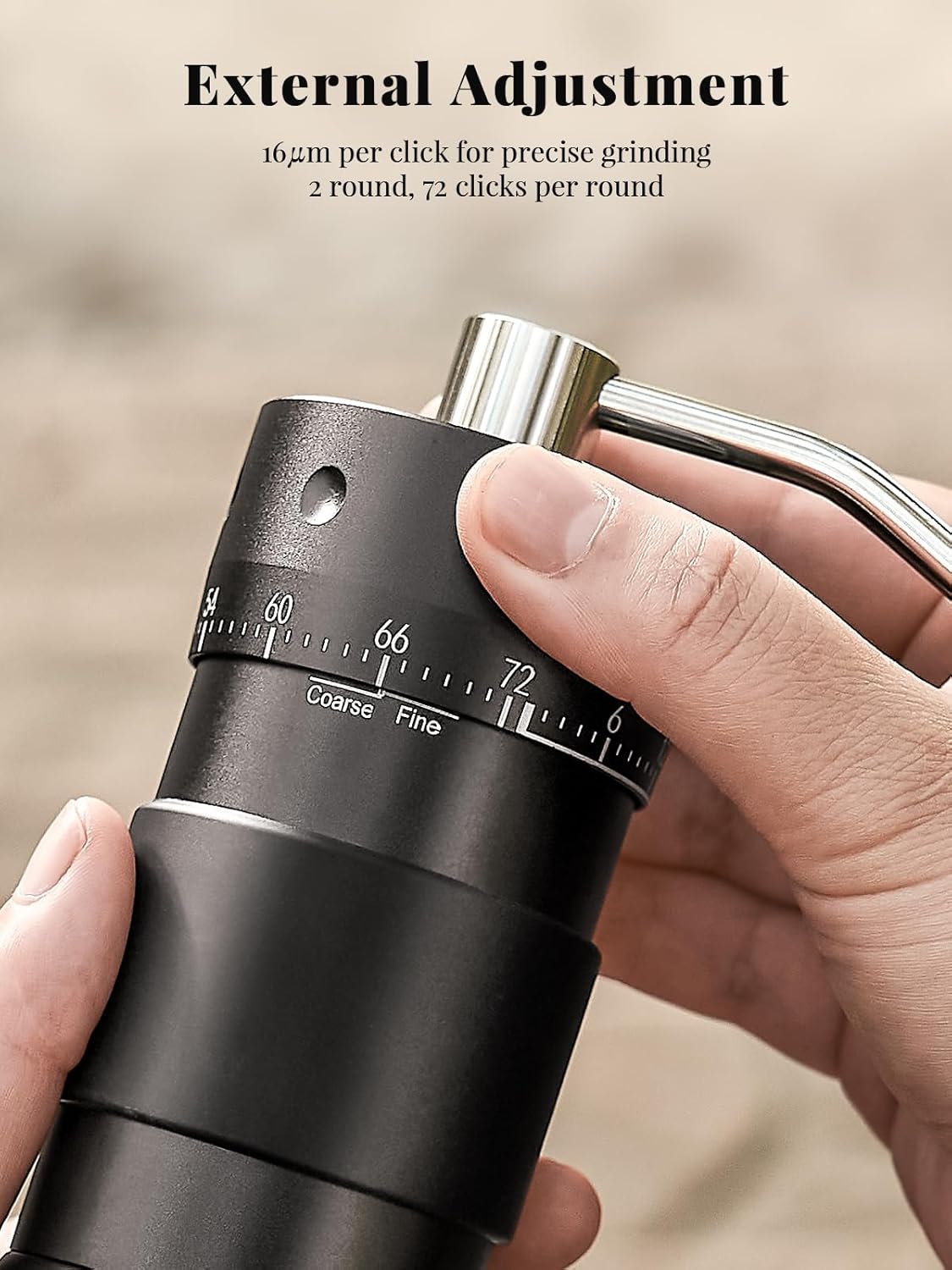 Manual Coffee Grinder with 16μm External Adjustment, Precision Espresso & Pour Over Grinder, CNC Stainless Steel Conical Burr, Drill-Compatible Aluminum Body, Portable Coffee Grinder, Black