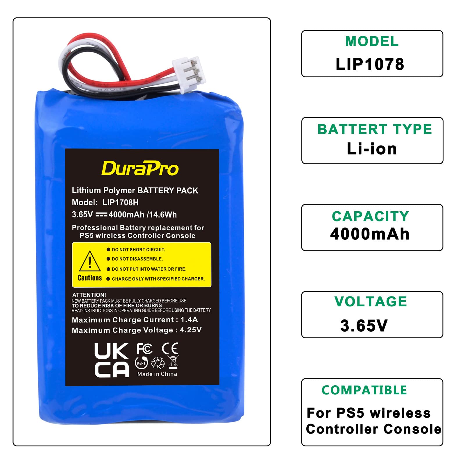 DuraPro Batteria 4000 mAh LIP1078 per Sony PS5 PlayStation 5 DualSense Wireless Controller