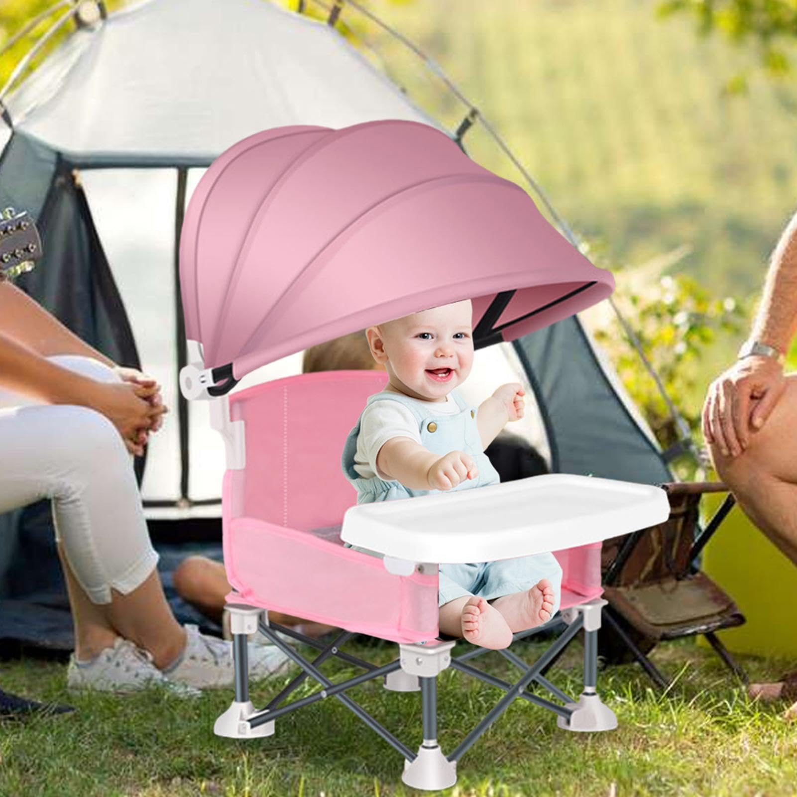 Siège d'appoint pliant pour bébé avec auvent et plateau amovible, chaise de siège portable rehausseur de siège de voyage pour bébé, chaise d'alimentation pour camping, plage, intérieur et extérieur