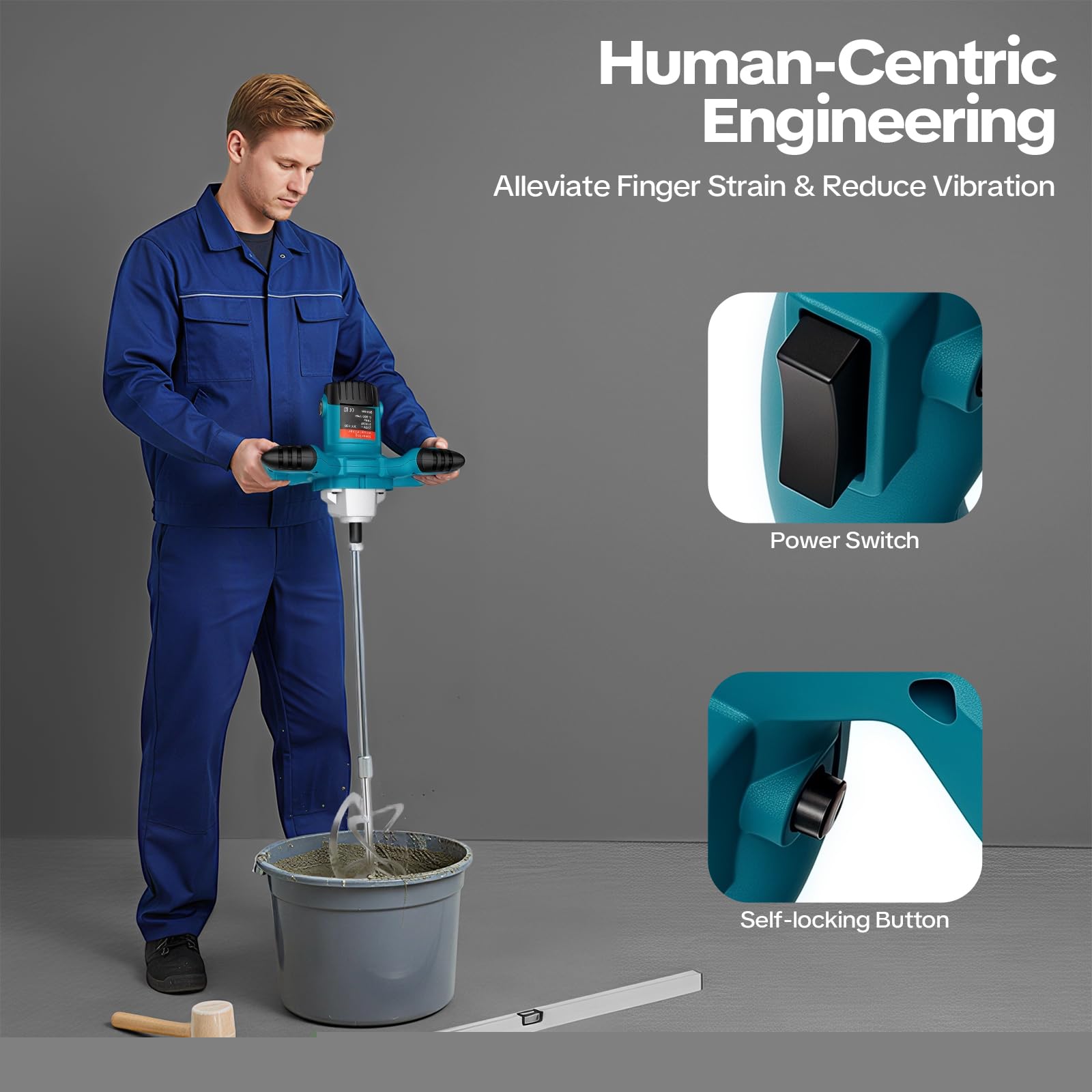 Miscelatore manuale, 2100 W, betoniera elettrica, 800 giri/min, 6 velocità, testa miscelatrice a forma di S, interruttore autobloccante, motore in rame, per costruzione, ristrutturazione