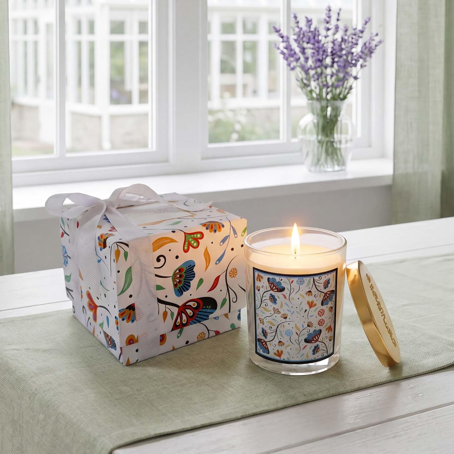 Floral Decorative Candle in Printed Gift Box with Ribbon, Natural BioWax Smokeless Candle with Gold Colored Lid, 40H Burn Time, Elegant Home Decor & Gift Idea for Women - Lavender Scented 12oz image 5