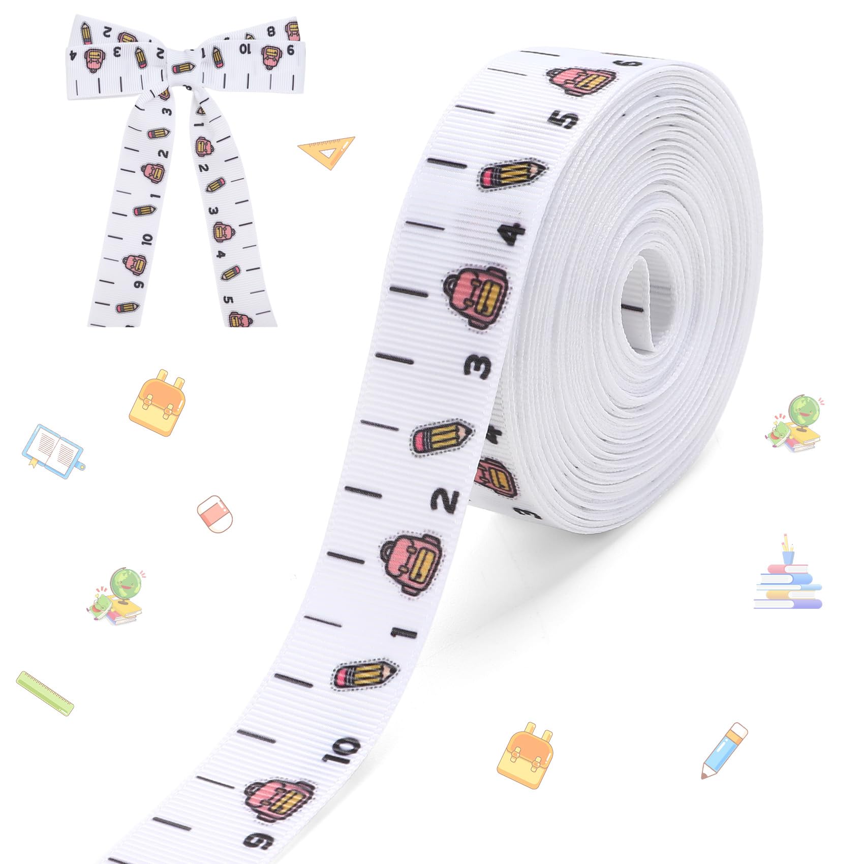Back to School Ribbon 1 Inch 10 Yards Grosgrain Thin First Day of School Ruler Themed Ribbon Preschool Kindergarten Teacher Appreciation Decor Gift Wrapping Bows Crafting Supplies Sewing DIY