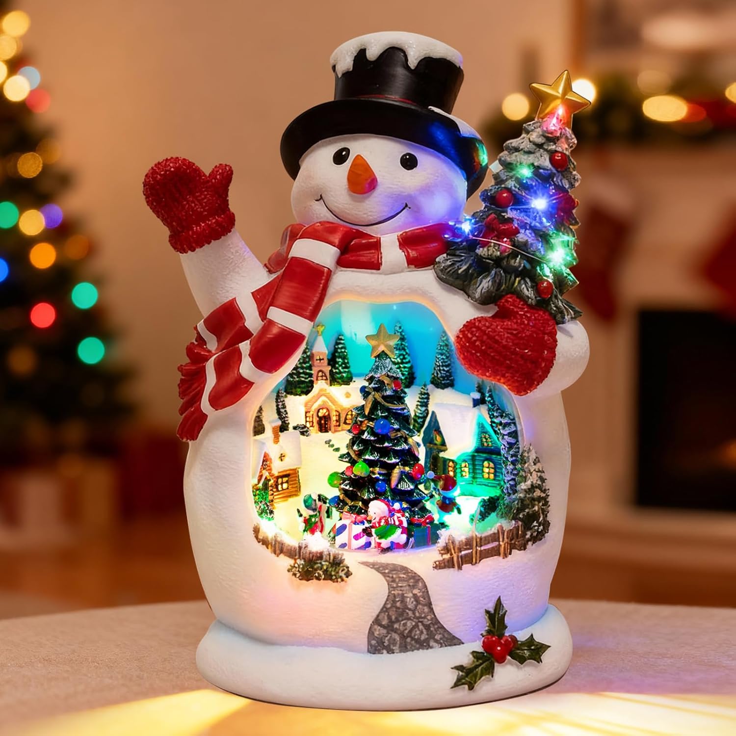 9.8″ Animated Snowman Christmas Village Sence with Rotating Skiing Snowman and Lights, Auto 6H Timer and 8 Melodies, USB-C/Battery Powered Christmas Decorations Collectible Buildings