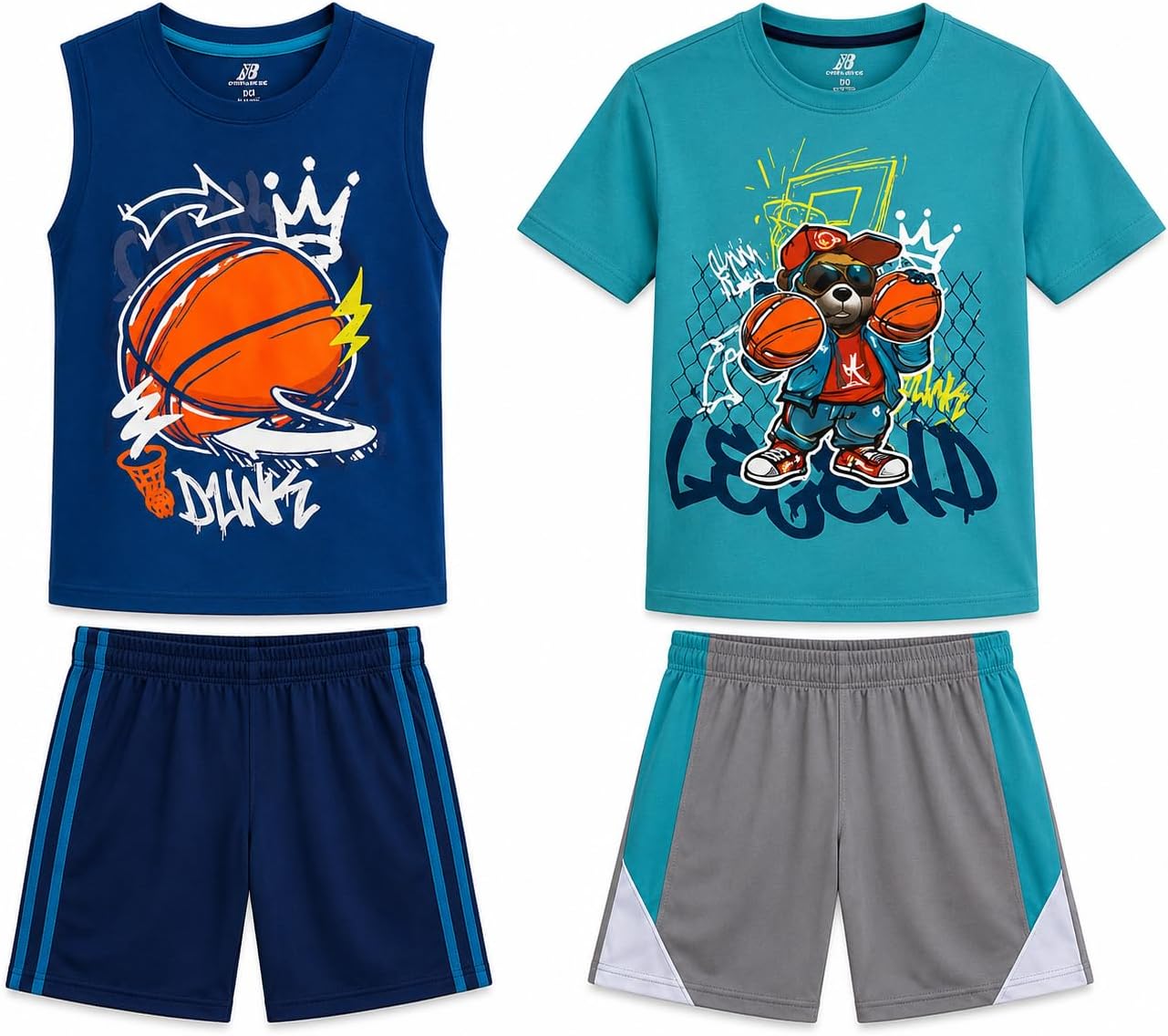 Pro Athlete Boys Short Sets - 4 Piece Performance Graphic Tees and Tank Tops with Matching Boys Athletic Shorts (Sizes: 8-16)