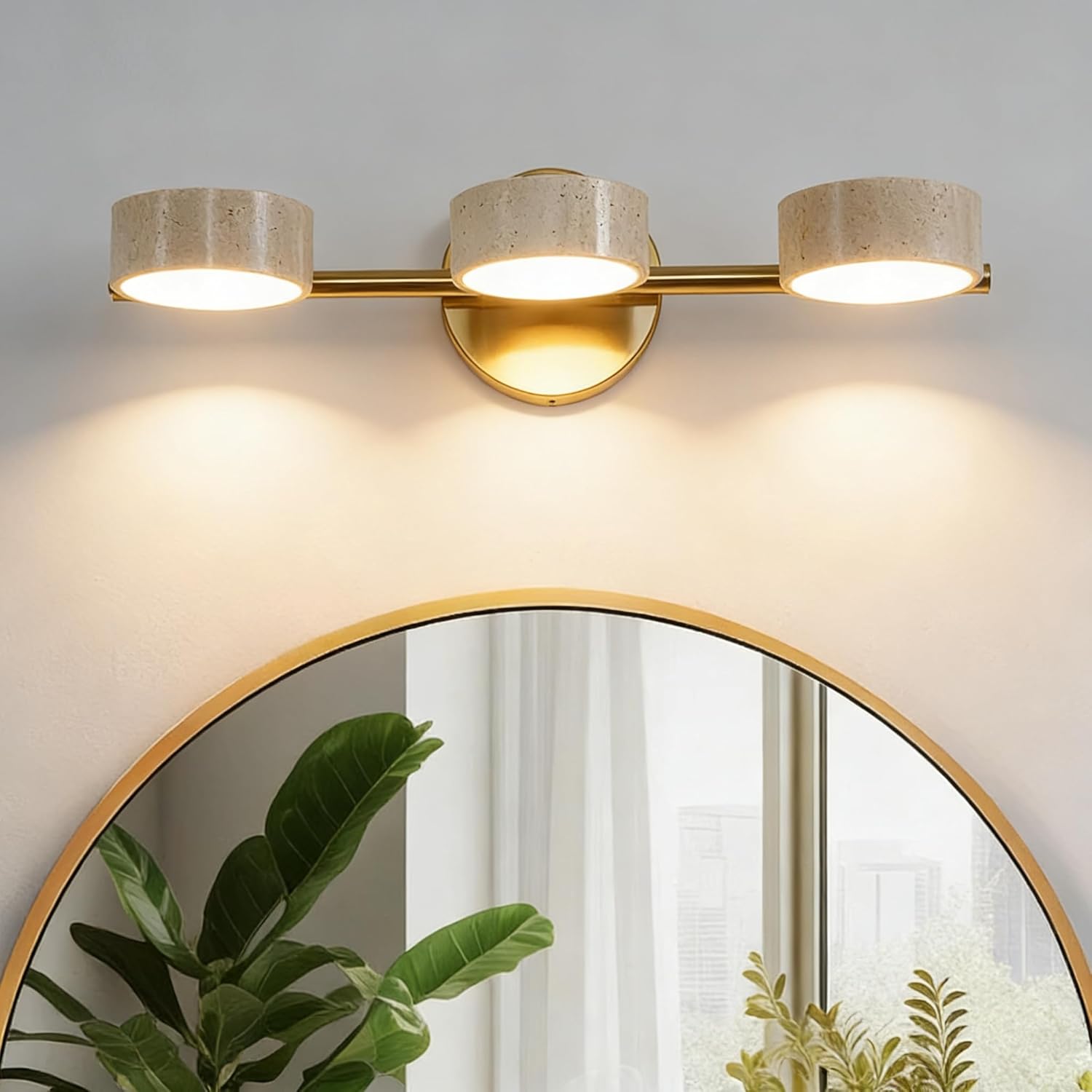 LED Mirror Light with 3 Travertine Stone Shades, Bathroom Vanity Light Fixture, 300° Rotatable Stone Lampshades, Modern Rustic Wall Lamp for Bedroom, Living Room, Hallway (Gold-Metal)