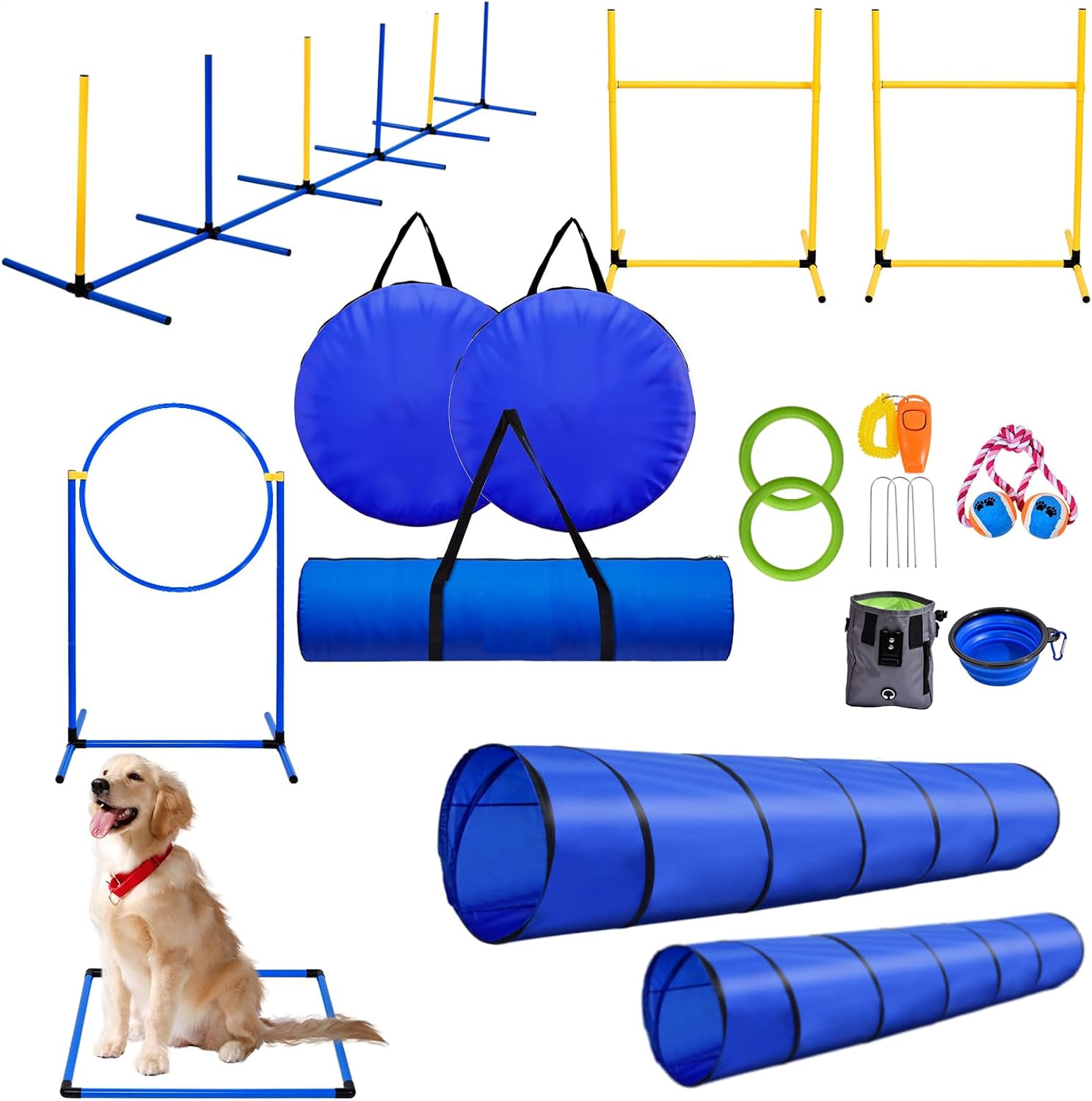 Dog Agility Training Equipment | Backyard Agility Course Set with 2 Tunnels, 6 Weave Poles, Adjustable Hoop Jump, 2 Hurdle Jumps, Pause Box, Whistle, Folding Bowl, Toy Balls & Carry Bag