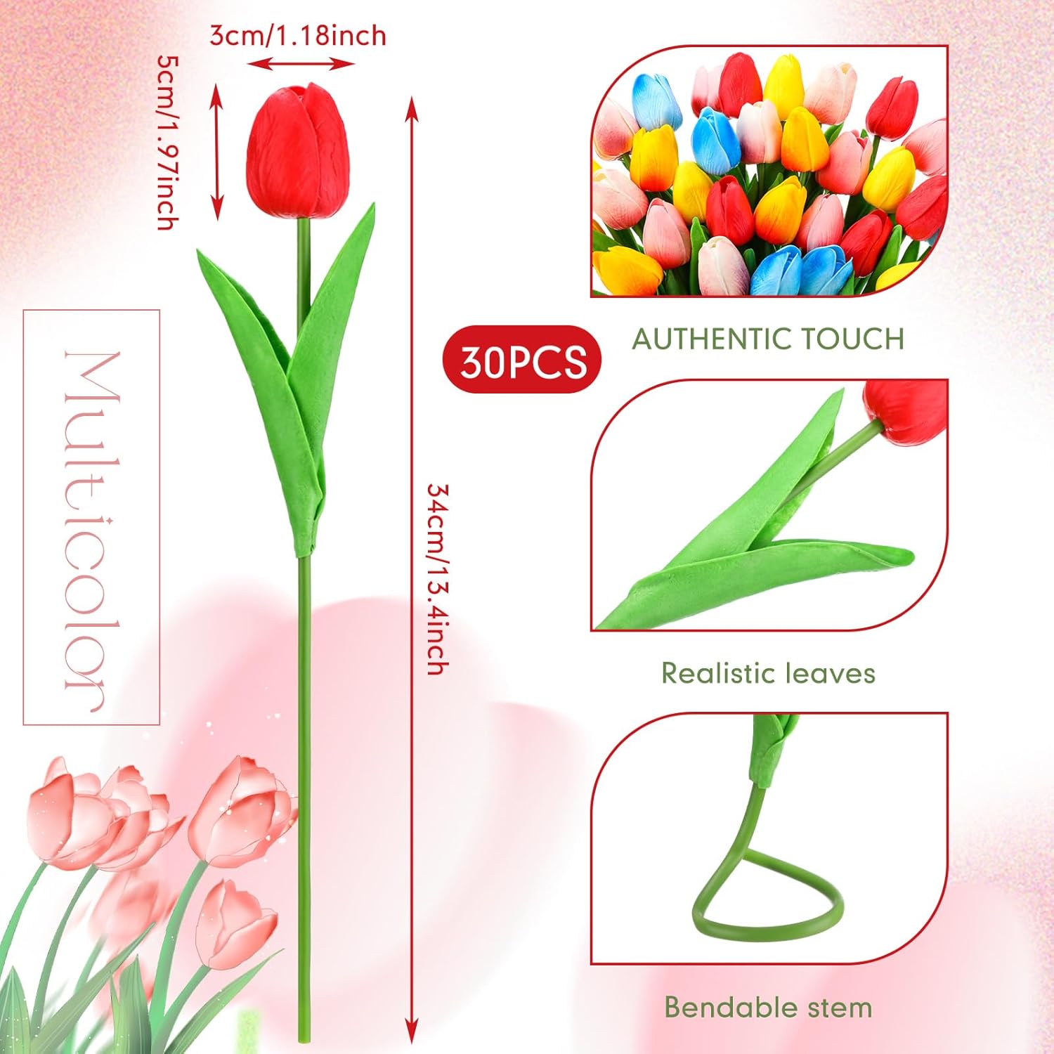 Lyrow 30 Pcs Tulips Artificial Bouquet Flowers Faux Tulips for Home Kitchen Wedding Decorations,Gift Idea for Easter Decor Mother's Day Birthdays (Classic Color) - Image 2