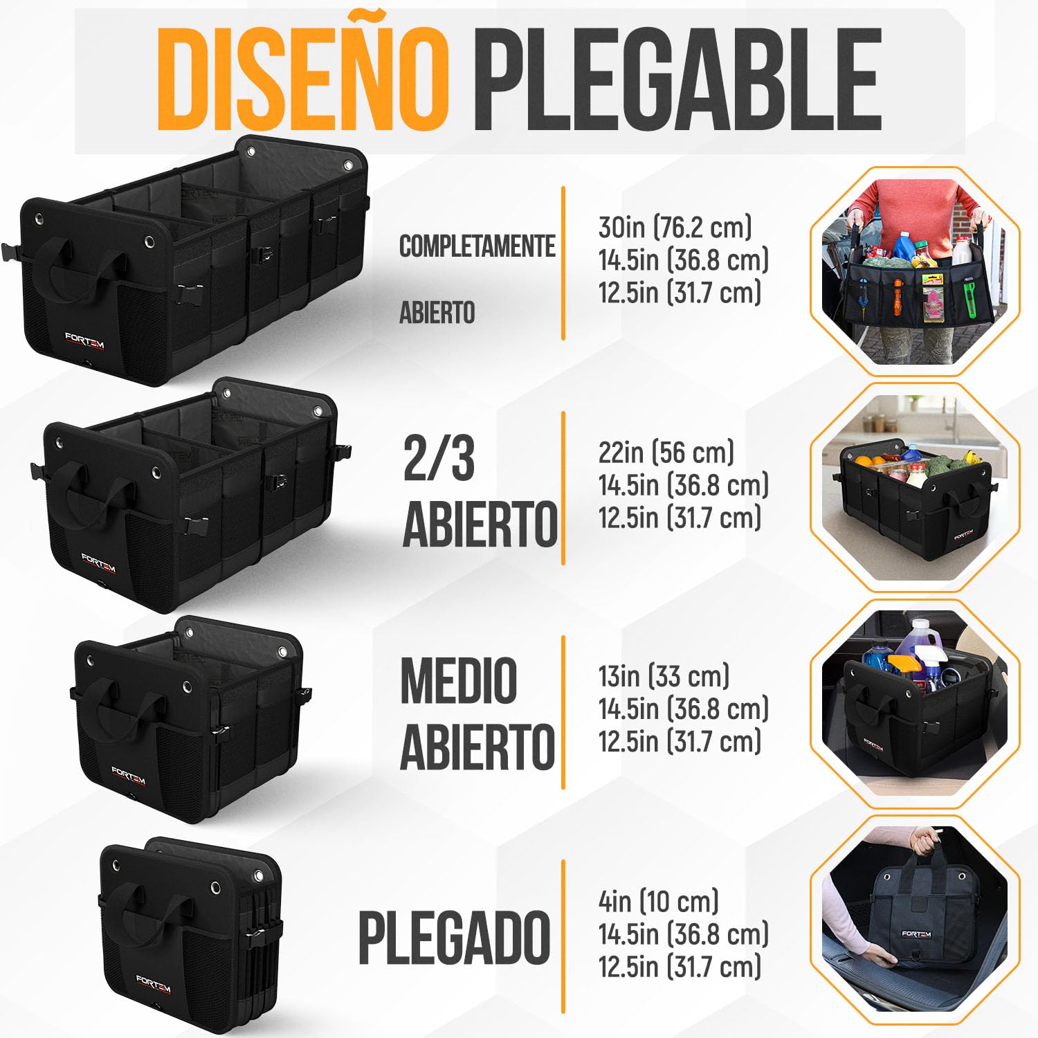 FORTEM Organizador Maletero SUV, Caja Plegable con Compartimentos, Accesorios Auto Mujer Hombre, Tela Oxford 1680D, Base Antideslizante, Correas Ajustables, Tapa Suave (90L)
