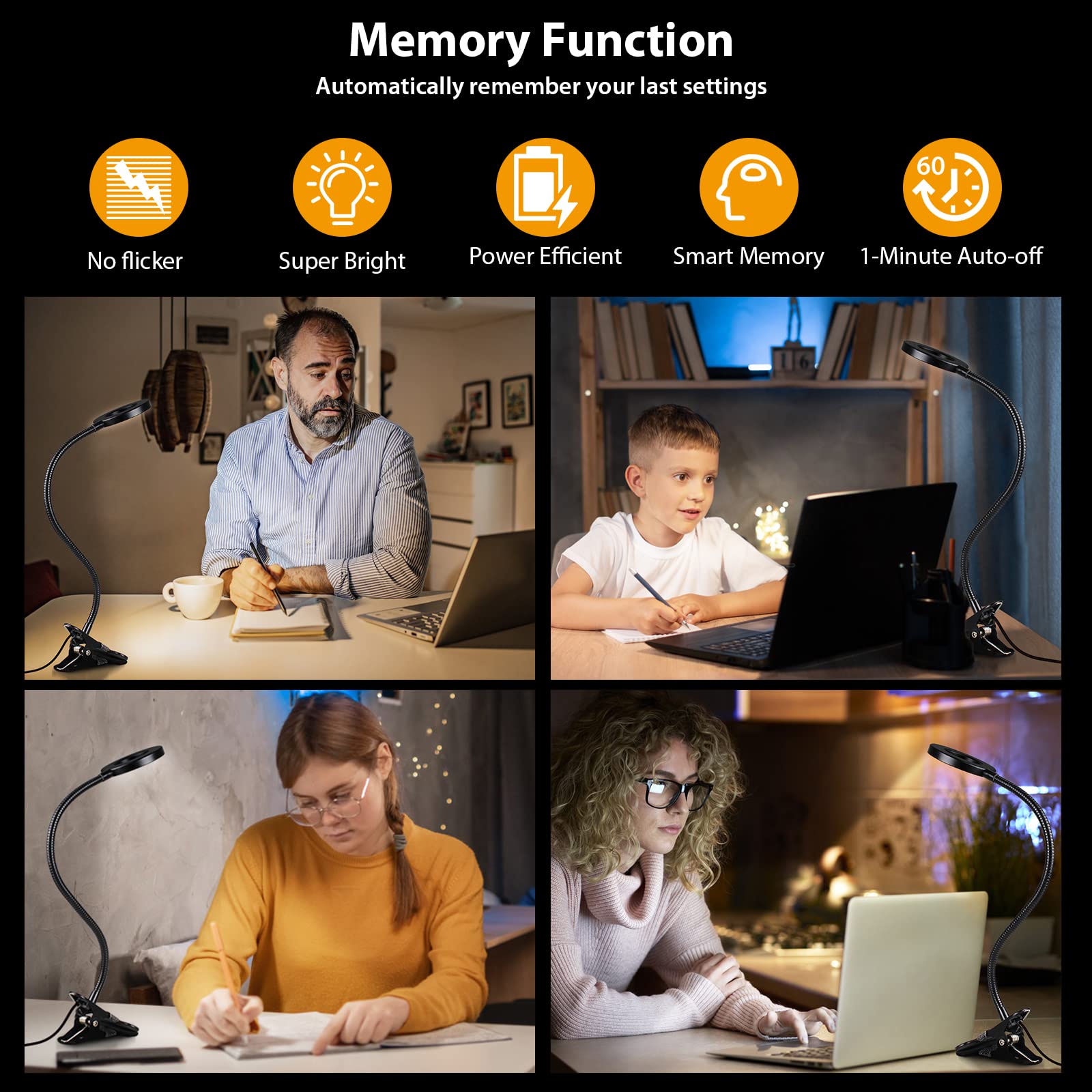 TBTeek LED Klemmleuchten, 48 LED Leselampe Bett Klemmbar, Augenpflege Schreibtischlampe, 3 Modi & 10 Dimmstufen, Klemmleuchte für Büro Heimgebrauch, CE Adapter Enthalten, Schwarz(2 Pack)