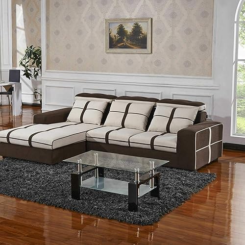 Miniatura 34 de Mesa auxiliar para sala de estar, mesa de centro moderna con almacenamiento, mesa central de vidrio de 2 niveles con patas de madera, muebles para