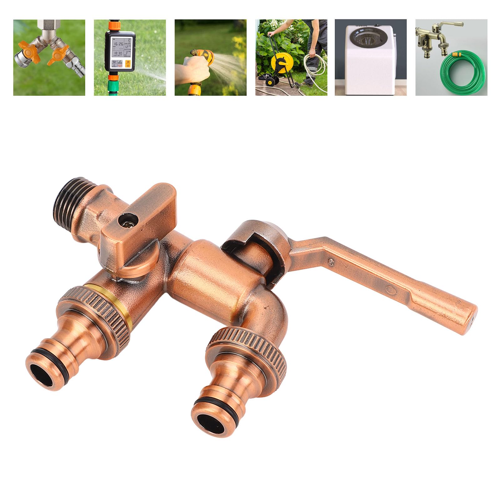 Robinet double en laiton de 3/4" avec distributeur de tuyau d'arrosage à 2 voies, double sorties de 25 mm, robinet de jardin extérieur