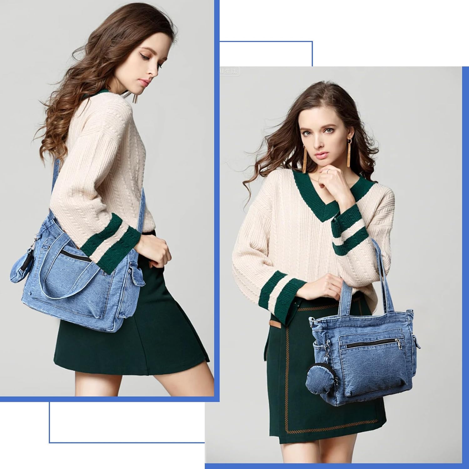 Denim Tote Bag Jean Purses for Women Denim Crossbody Bags with Small Purse Shoulder Handbag - Image 3