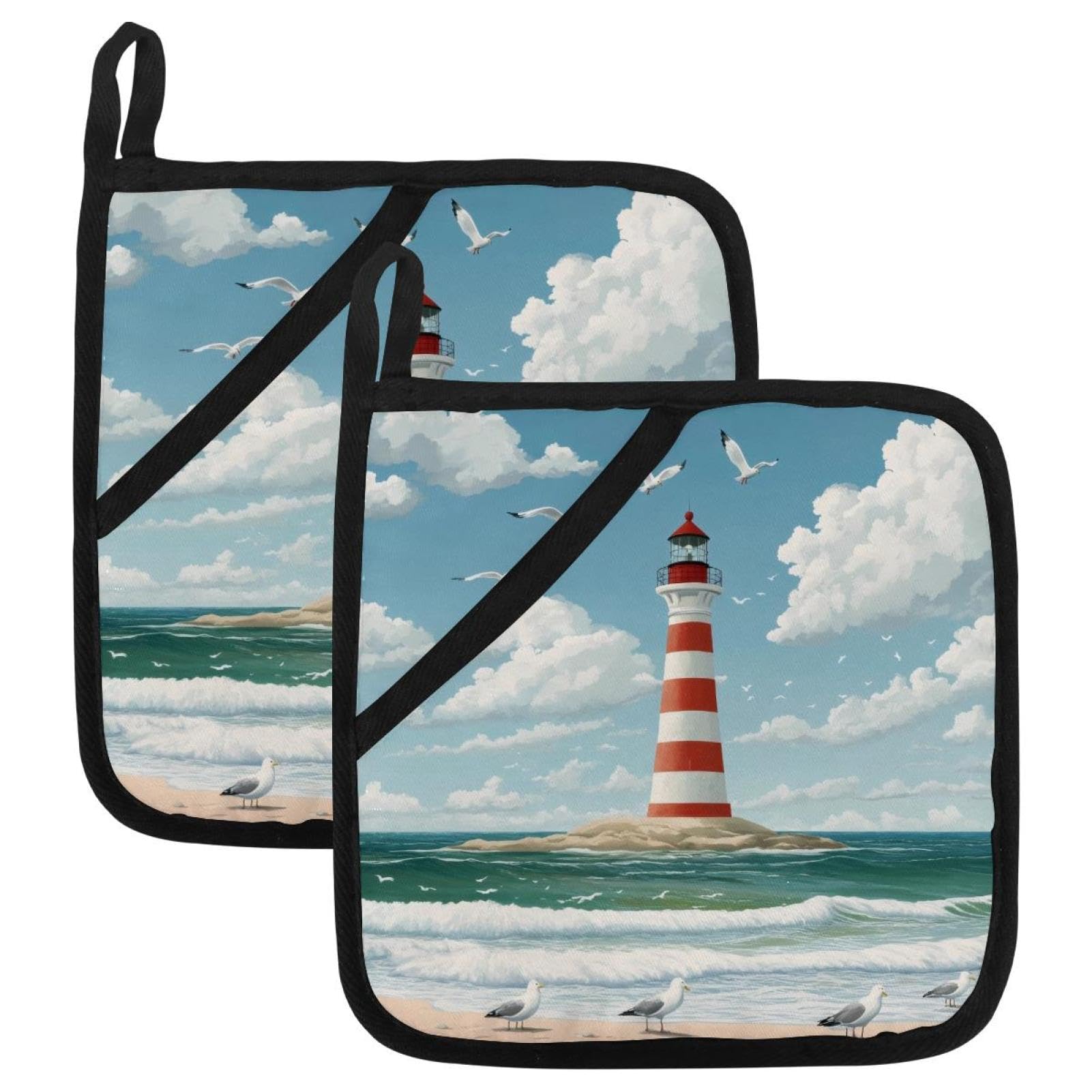 Lighthouse Seagulls Sea Oven Mitts and Pot Holders 2pcs Set, Kitchen Oven Glove & Hot Pad High Heat Resistant for Cooking Accessories, Home Kitchen Gifts