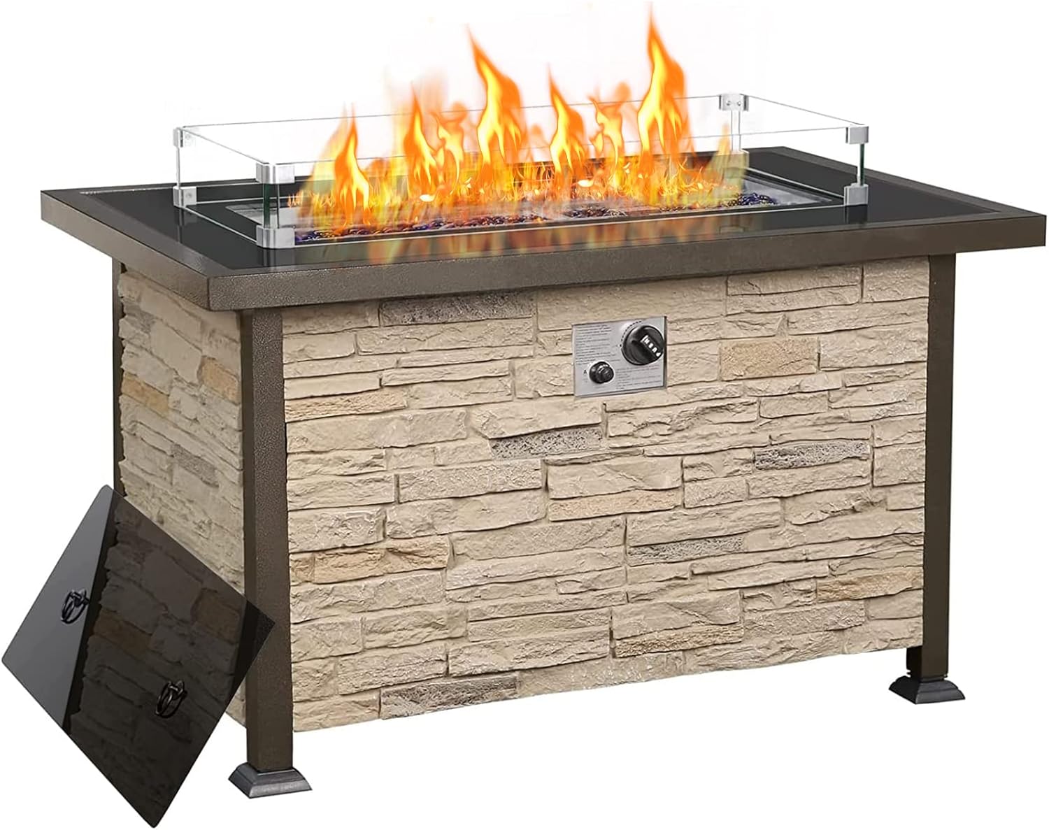 HOMREST 44 Inch Propane Fire Pit Table with Faux Ledgestone