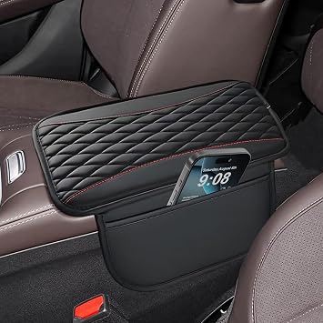 Center Console Cover, Patchwork Leather Arm Rest Cover with Storage Bag Thin Middle Console Cover Arm Rest Pad, Car with Side Storage Pocket for Car Seat Organizer for Sedan Car 12.7" x 7.5"Black