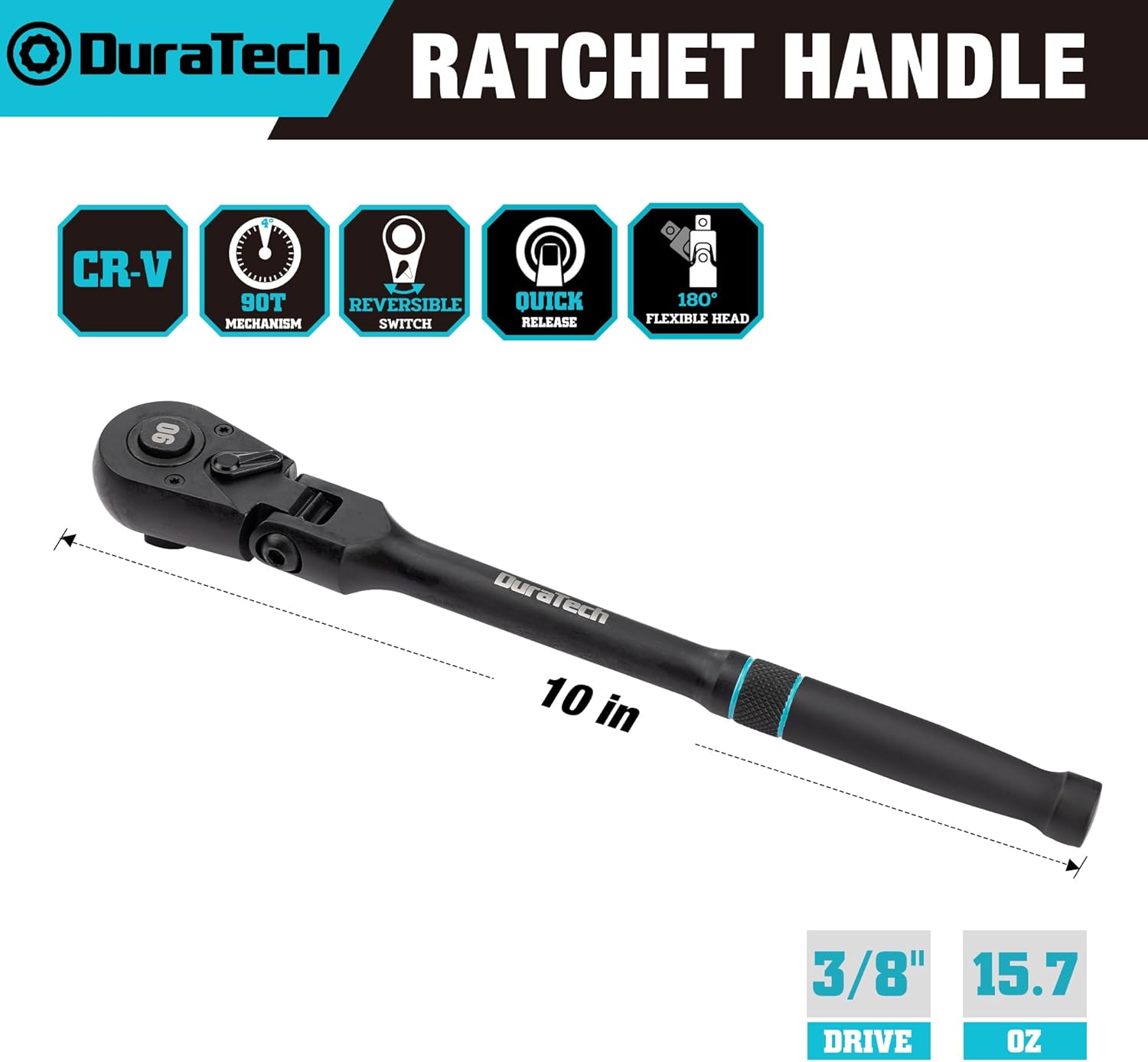 DURATECH 3/8-Inch Drive Flex-Head Ratchet, 90-Tooth Quick-Release Ratchet Wrench with 180° Pivoting Head and 7-Position Setting, Reversible, CR-V Made, CR-MO Head, 4° Swing, Black Mn Phosphate Finish
