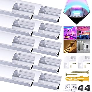 Chesbung LED Aluminium Profil für Led Streifen/Stripes, 10X1m V Form Strip Kanal Aluprofil, Leiste Schiene Streifen Diffusor mit Milchig Weißer Abdeckung, Montageclips und 45 Grad Eckverbindern