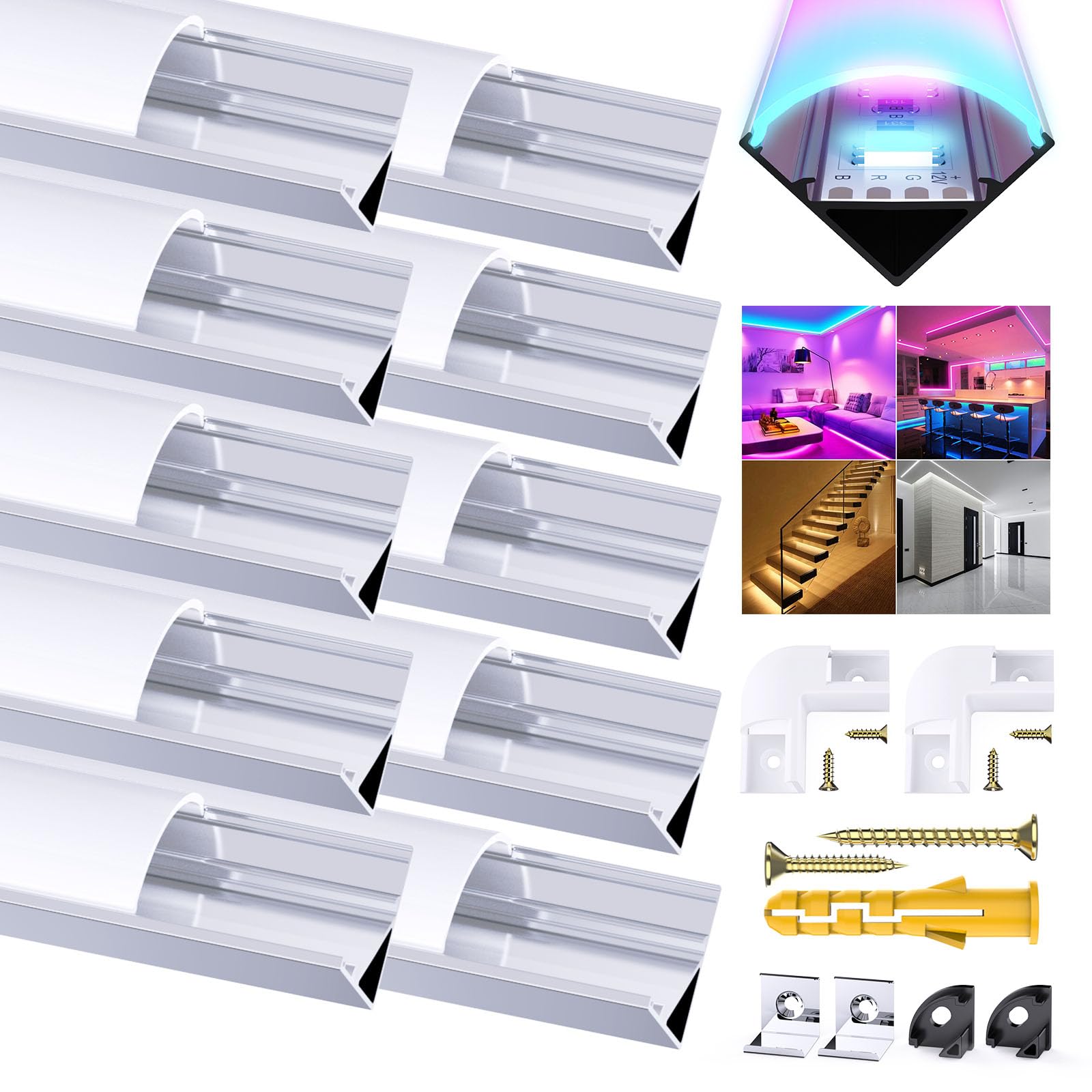 10 Pack 1Meter/3.3ft V-Shape Led Aluminum Channel, Led Aluminum Profile with Cover. LED Channels and Diffusers with End Caps and Mounting Clips for Flex/Hard LED Strip Light