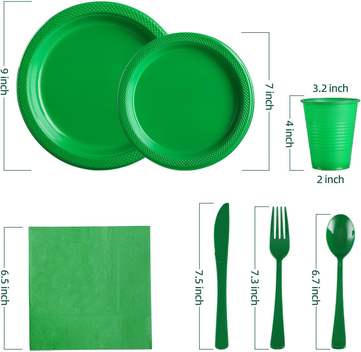 Green Plastic Plates,Green Disposable Plates,Including Green Plates and Napkins, Plastic Cutlery and 12OZ Cups for Engagement Wedding Birthday Graduation,Serve 25 Guests