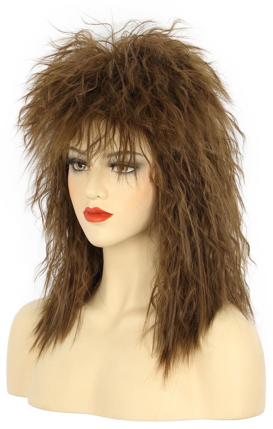 karlery Women Men Long Curly Brown Wig 70s 80s Rocker Mullet Costume Halloween Cosplay Party Wig, 24 inches - Image 2