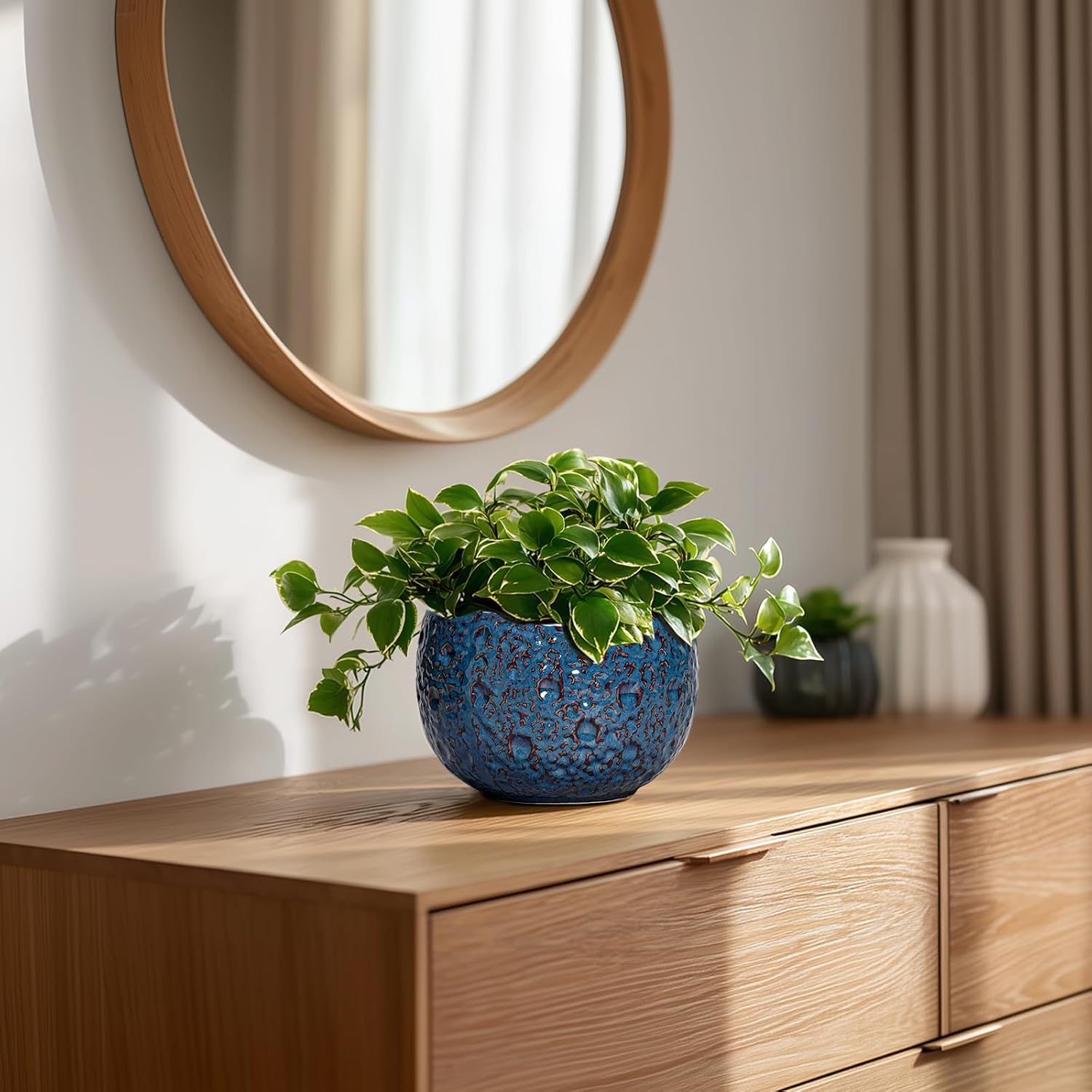 6 Inch Plant Pot - Ceramic Pots for Plants with Drainage Hole, Round Orchid Pot, Unique Planter for Indoor Outdoor, Modern Decorative Flower Pots, Room Decor, Plant Lovers Gifts, Retro Blue