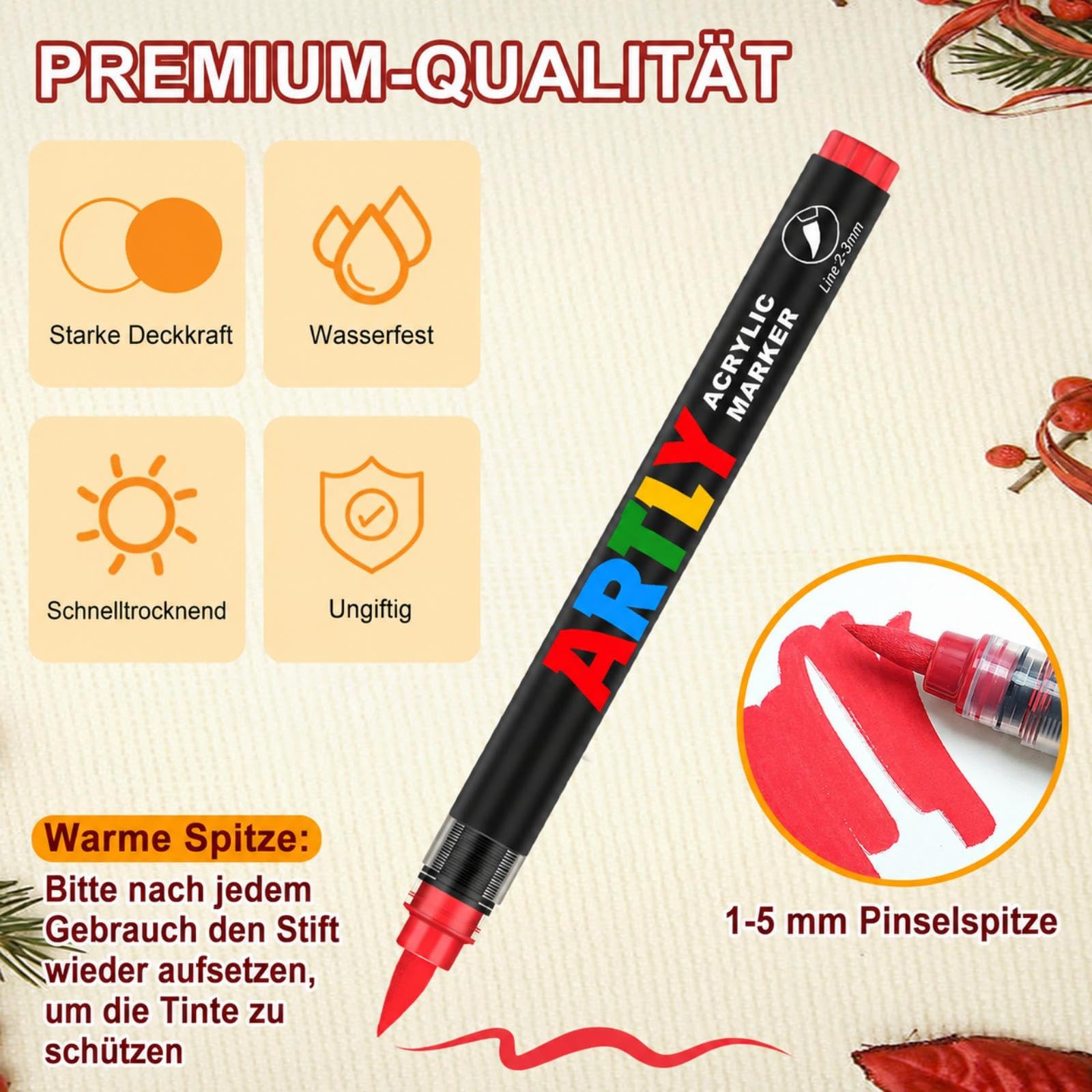 Efimeso 24 Farben Acrylstifte für Steine Wasserfest Set, Multimarker Pinselstifte Acrylic Paint Marker für Stein, Keramik, Holz, Stoff, Leinwand