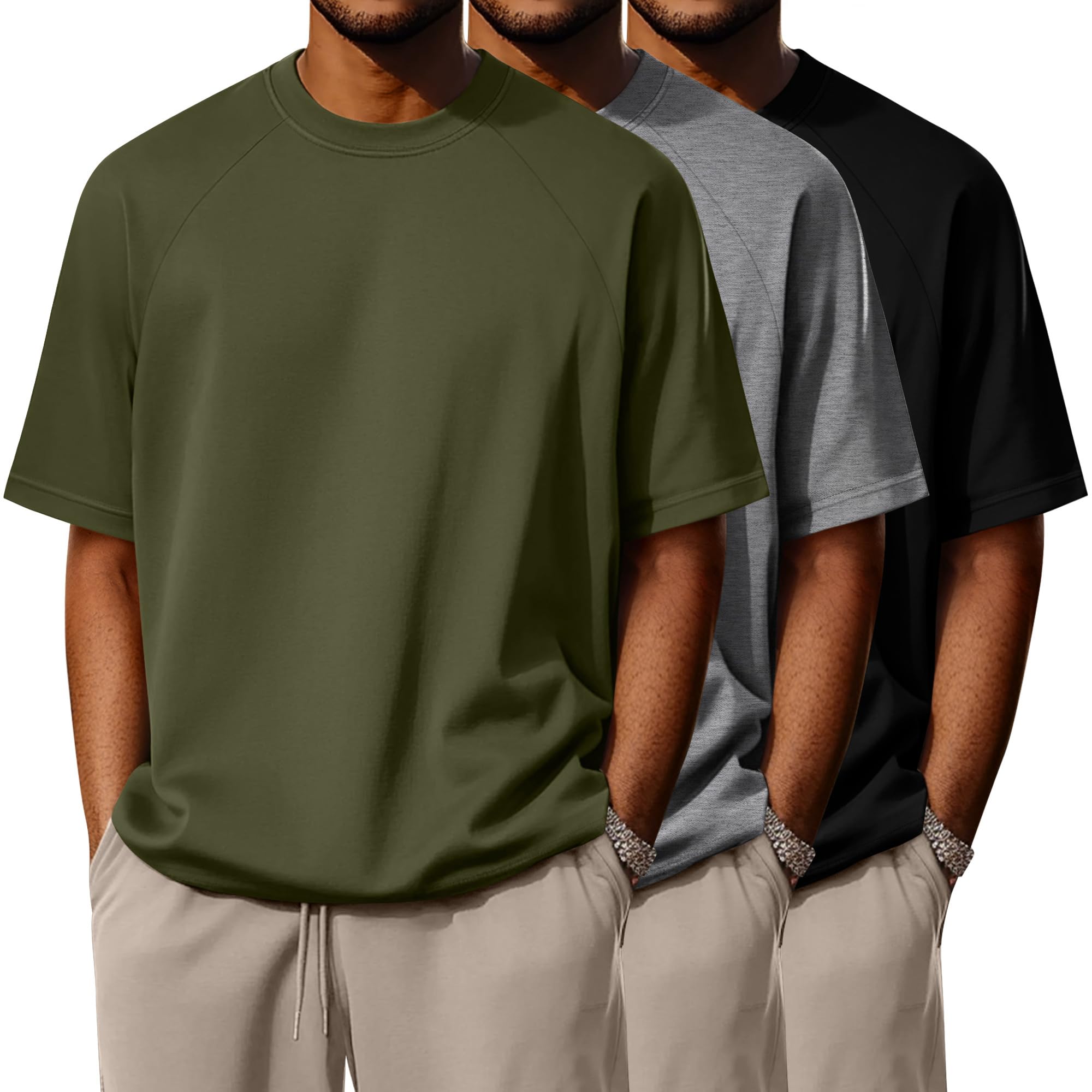Ficerd 3 Pack Cotton Men's Oversized T Shirts Big and Tall Shirts Raglan Short Sleeve Crew Neck Plus Size Tee