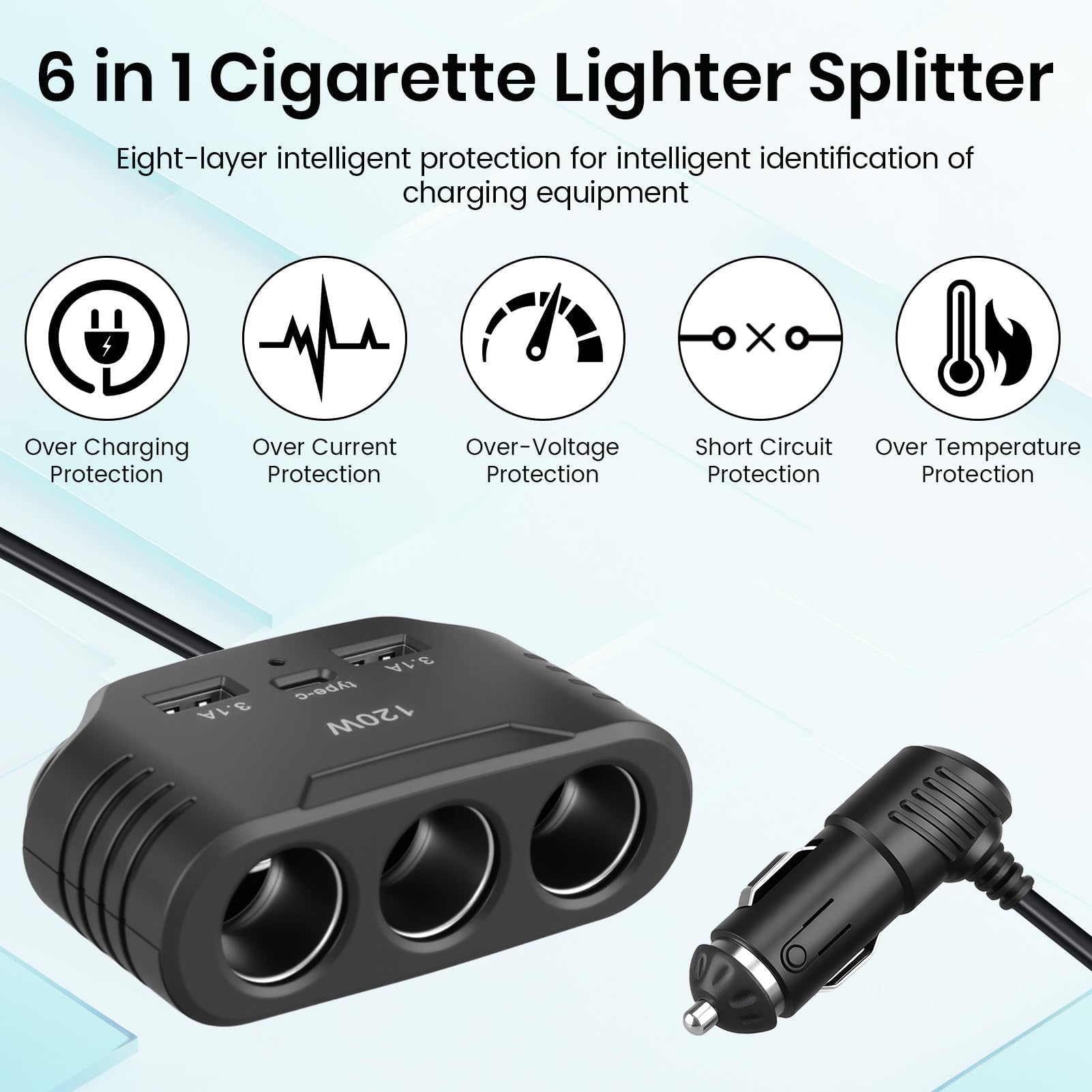120W Prise Allume Cigare 12V 24V, Adaptateur avec 3 Prises Allume-Cigare 2 USB-A Port 1 Type C 5V 3.1A, Multi Chargeur Splitter avec LED pour Tablette GPS Phone Dash Cam Caméra Voiture