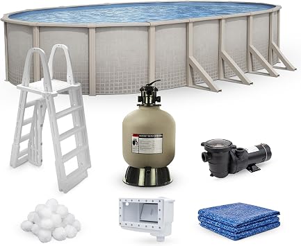 Lake Effect Pools Impressions 15 ft x 30 ft Oval Above Ground Swimming Pool Bundle | 48 Inch Height | Steel Sided Walls | Kit Includes 25 Gauge Liner, A-Frame Ladder, Sand Filter/Pump, Skimmer