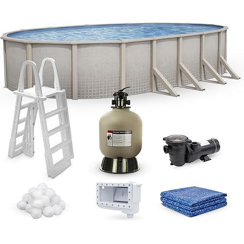 Lake Effect Pools 'Impressions' 18 ft x 33 ft Oval Above Ground Swimming Pool Bundle | 48 Inch Height | Steel Sided Walls | Kit Includes: 25 Gauge Liner, A-Frame Ladder, Sand Filter/Pump, & Skimmer