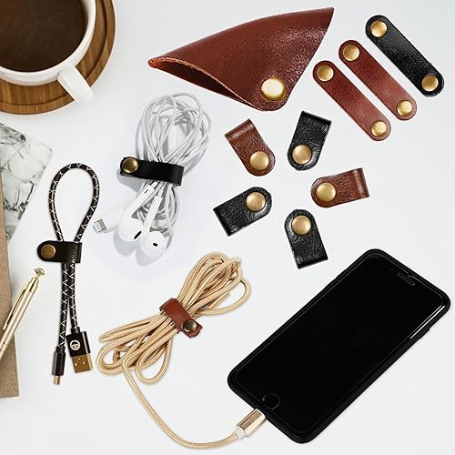 Miniatura 7 de Kanemc Organizador de cordón de cuero, 3 tamaños, correas de cuero, enrollador a presión, sujetacables, para viajes, cables de carga USB, envoltura