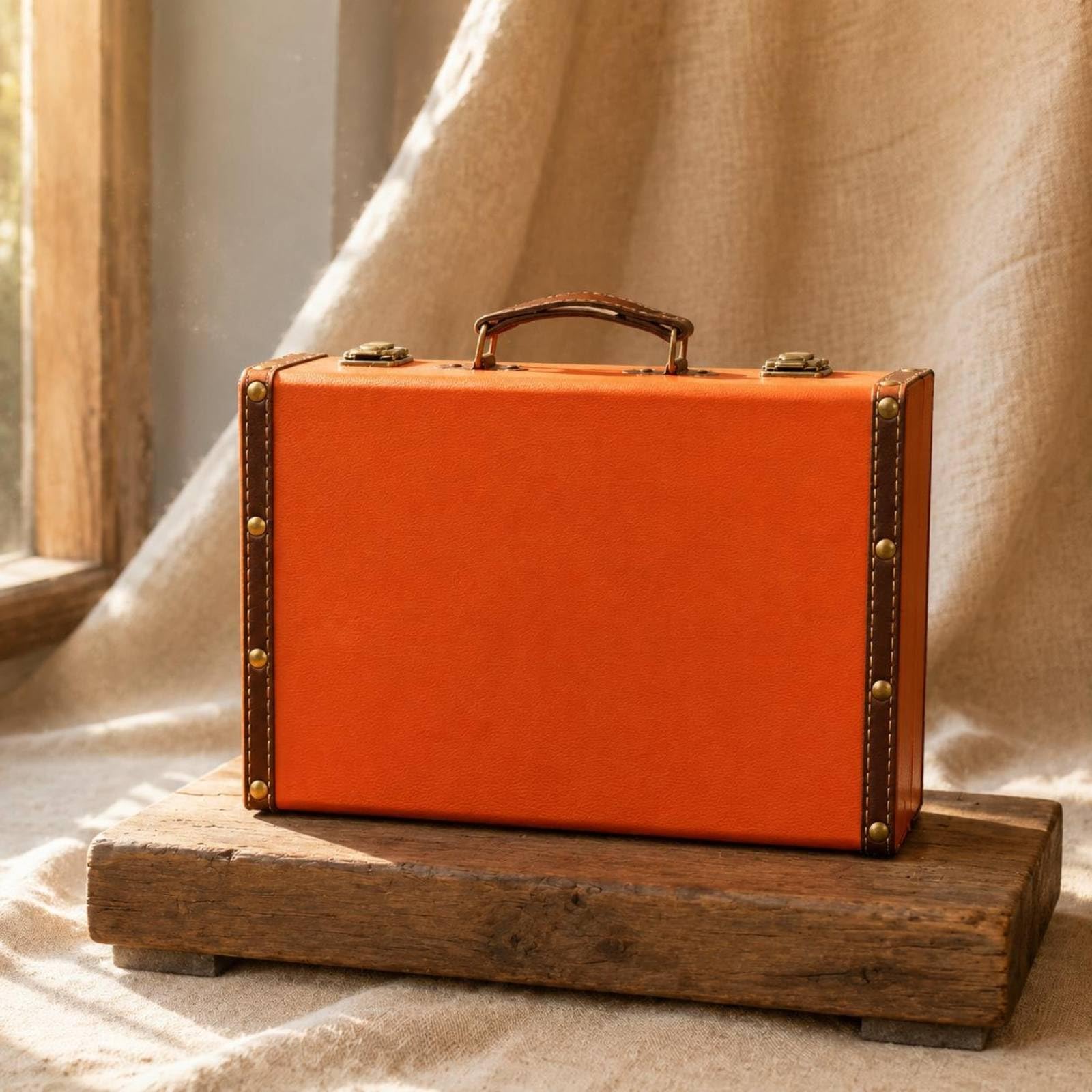 Leather-Like Vintage Suitcase Trunk Stitched Trim Hard-Sided Suitcase Metal Corner Guards Retro Display Trunk Rivet Hardware for Prop Use, Orange S-image-24