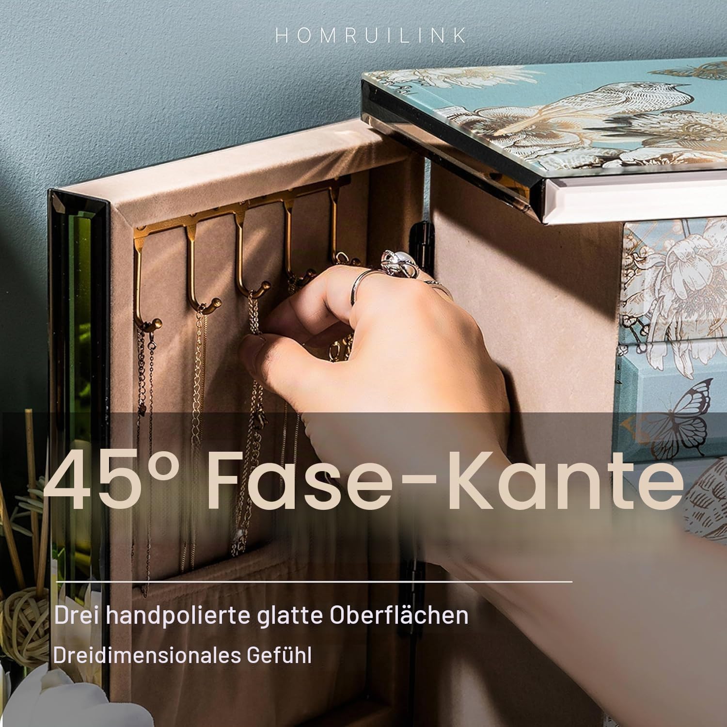 Glas Schmuckkasten 5-lagig 4 Schubladen Samtgefüttert Damen | Weiches Samtfutter verhindert Kratzer an empfindlichen Metallschmuckstücken, Geschenk für Frauen
